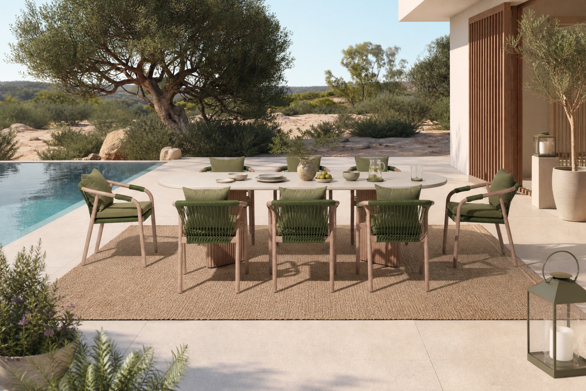 Tellus Outdoor Eucalyptus Wood Dining Set for 6-8 People, Rope Design, Green