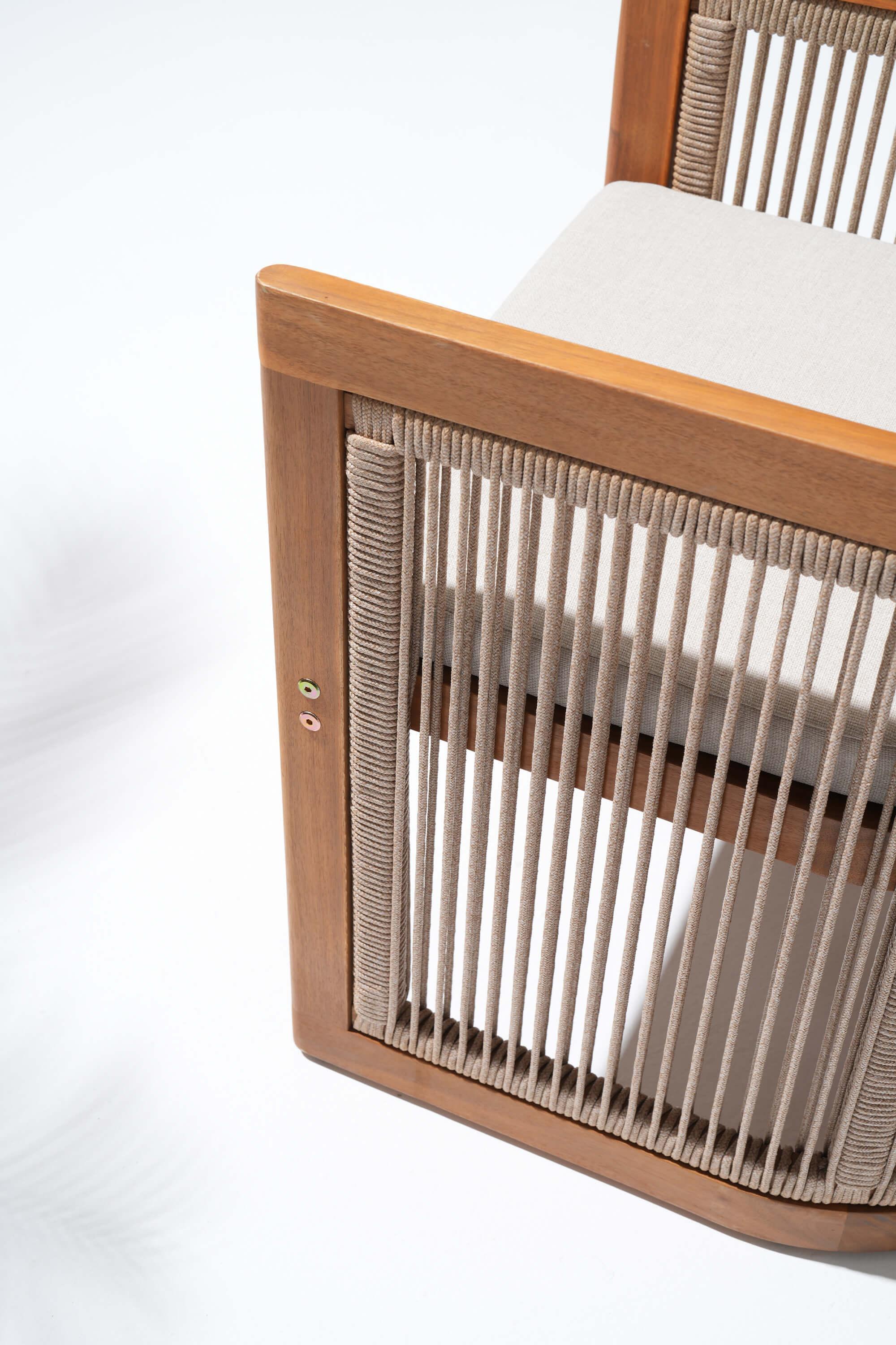 Close-up of a acacia wooden chair with woven rope backrest- Jardina Modern Premium Patio Outdoor Furniture