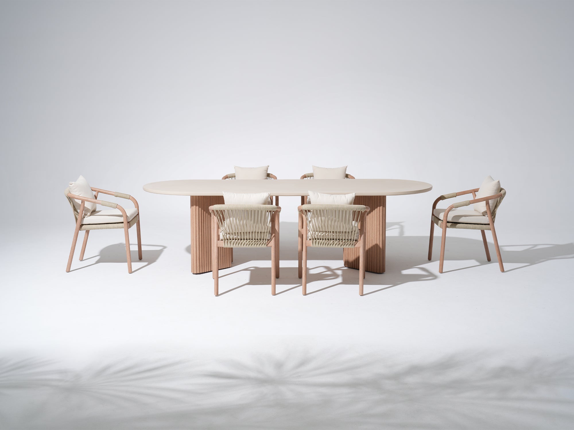 Tellus Outdoor Eucalyptus Wood Dining Set for 6-8 People, Rope Design, Light Beige