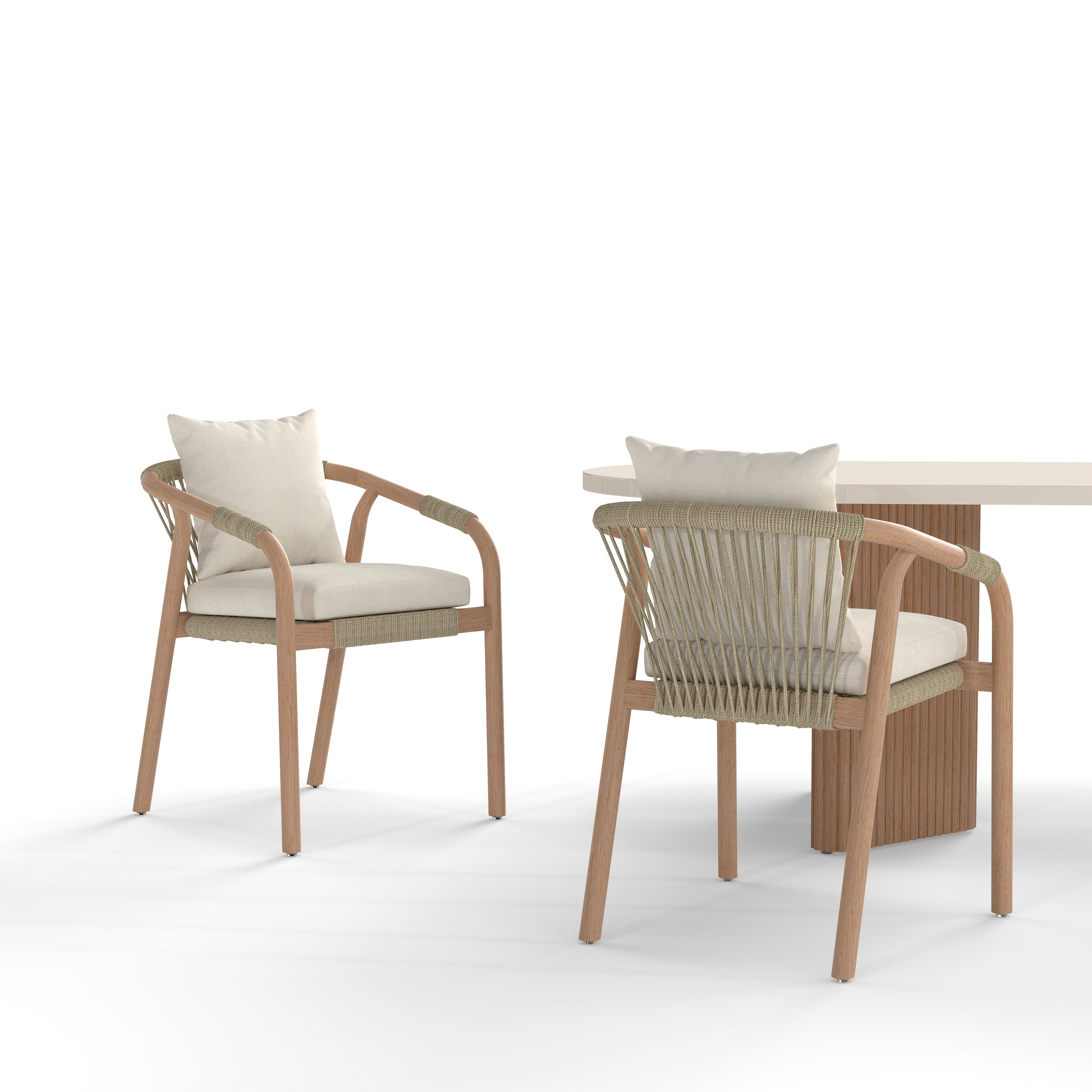 Tellus Wooden Outdoor Dining Chair with Light Beige Cushion, Rope Design, Eucalyptus