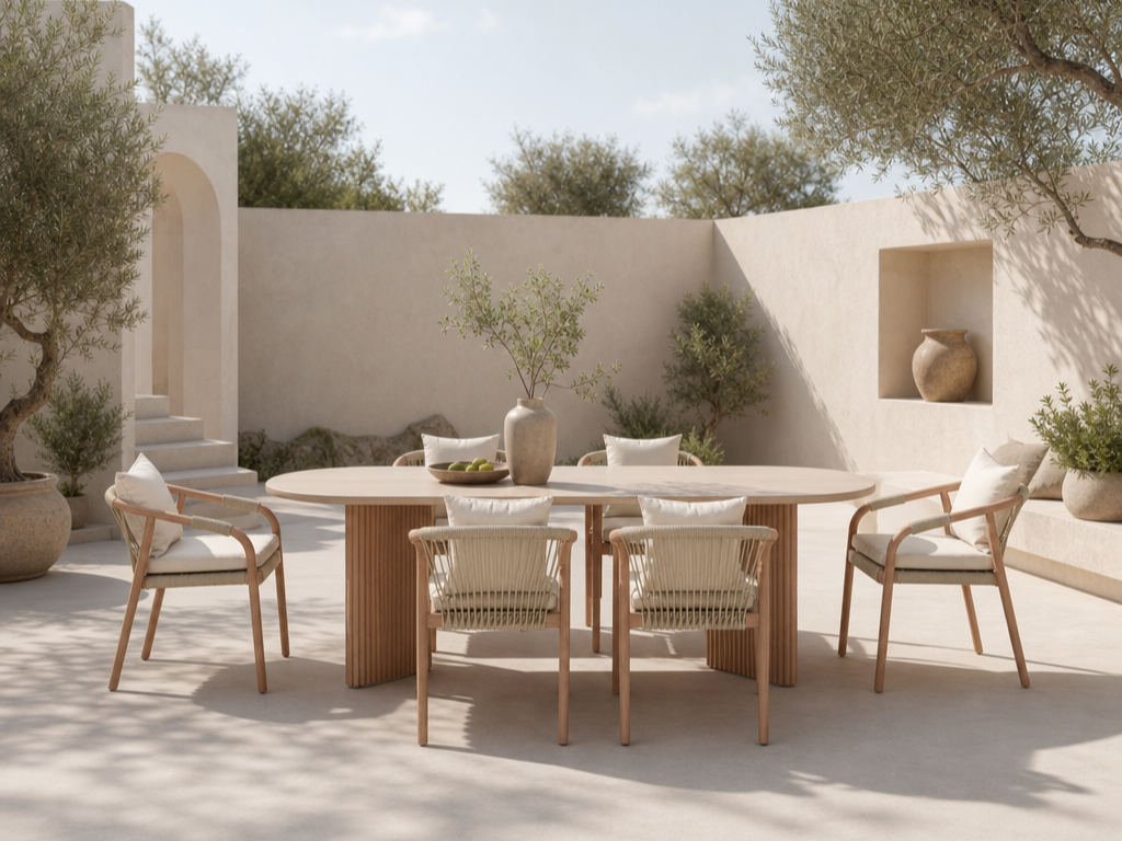Tellus Wooden Outdoor Dining Chair with Light Beige Cushion, Rope Design, Eucalyptus