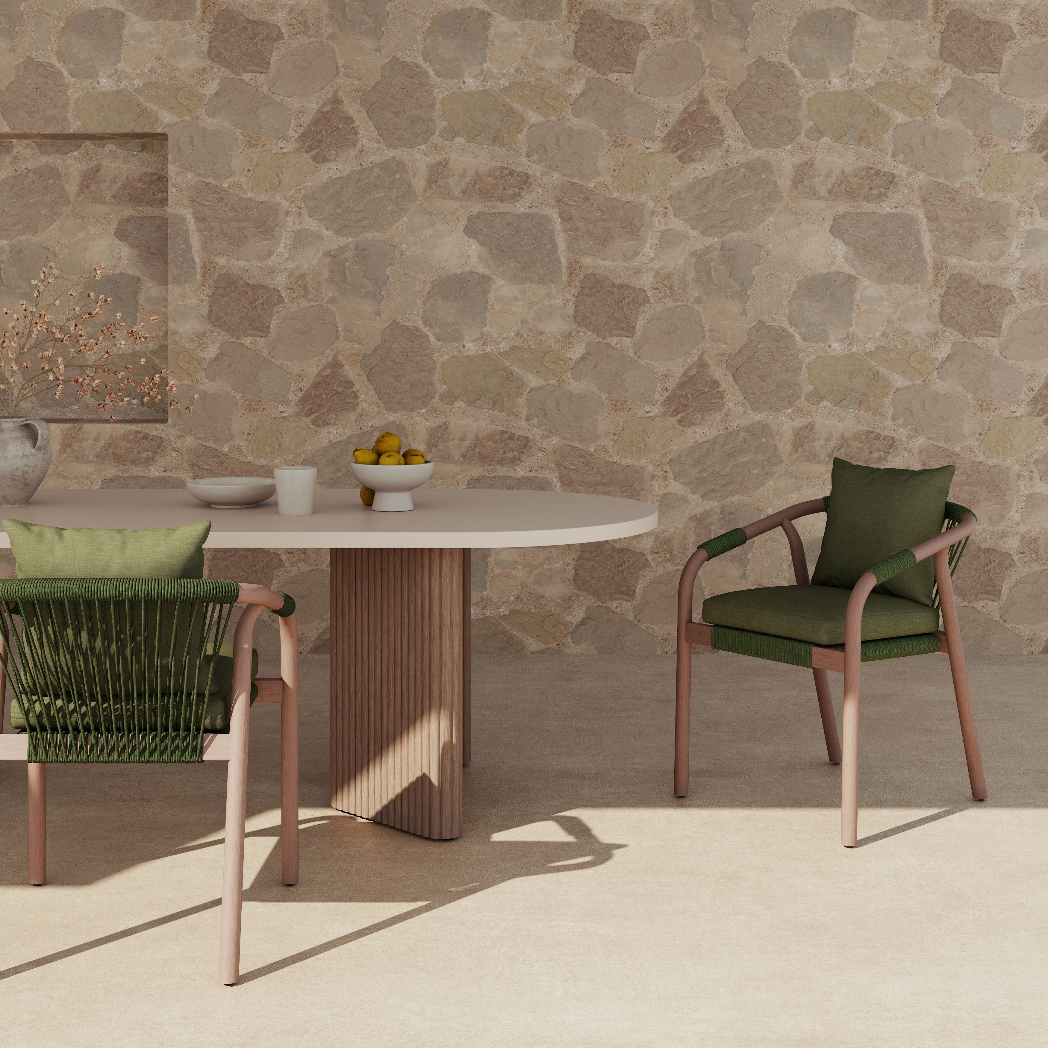 Tellus Wooden Outdoor Dining Chair with Green Cushion, Rope Design, Eucalyptus