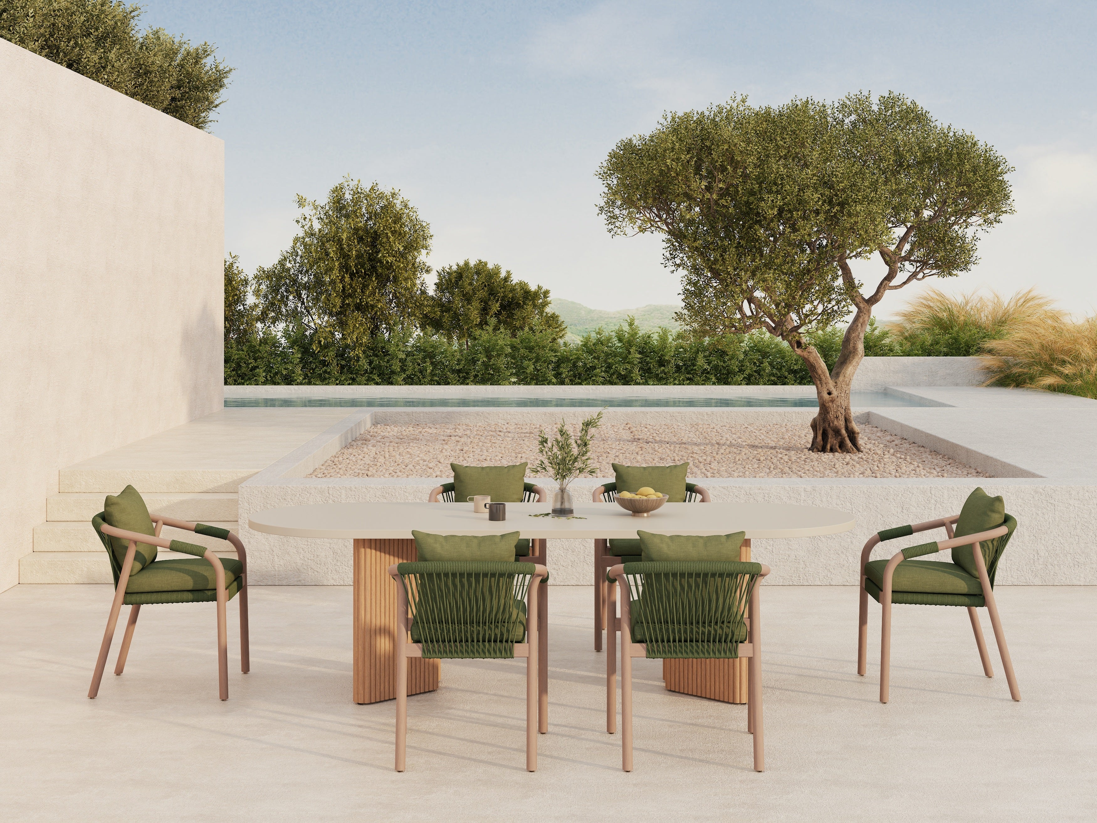 Tellus Wooden Outdoor Dining Chair with Green Cushion, Rope Design, Eucalyptus