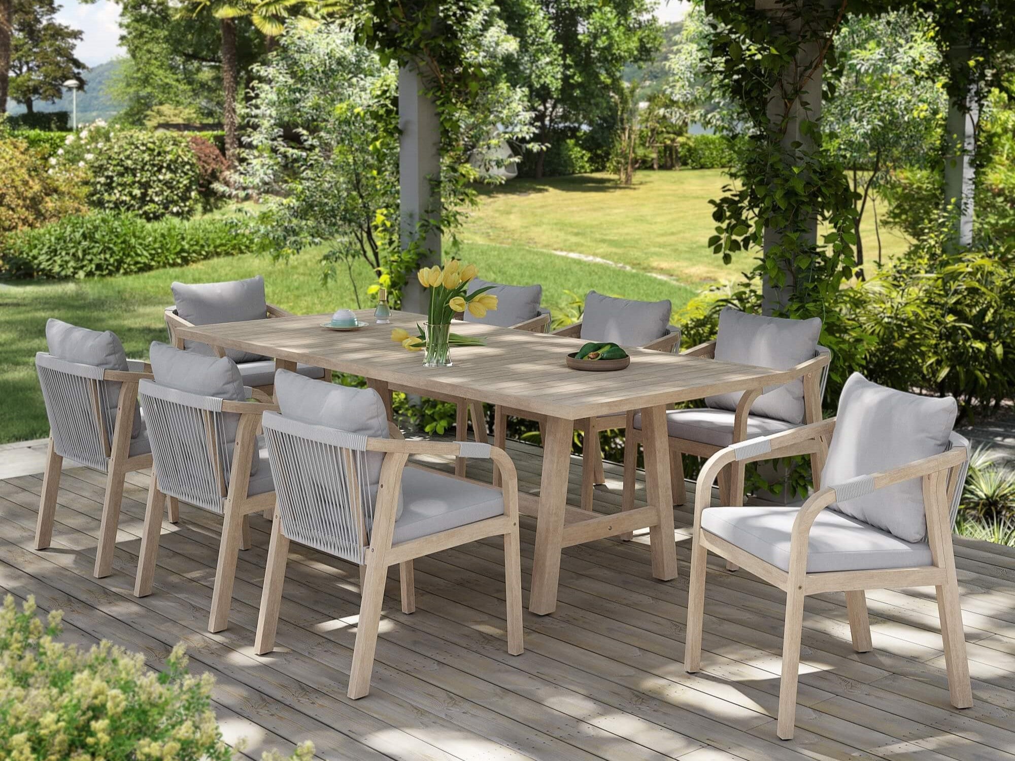 rectangular wood Outdoor furniture set for 8 with umbrella hole and rope design chairs - Jardina Premium Modern Outdoor Dining Furniture
