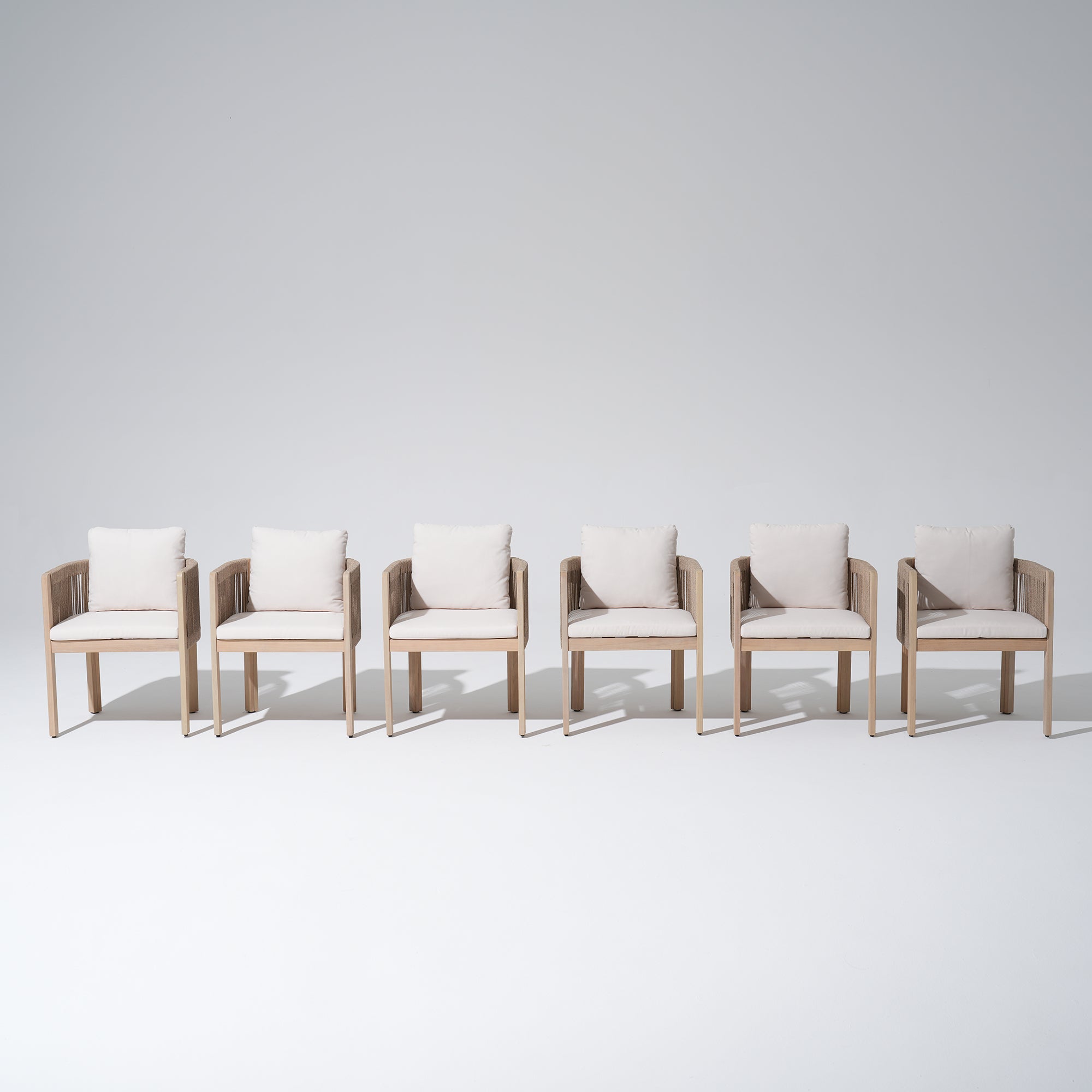 Set of six acacia wooden outdoor dining chairs with white cushions- Jardina Modern Premium Outdoor Patio Furniture