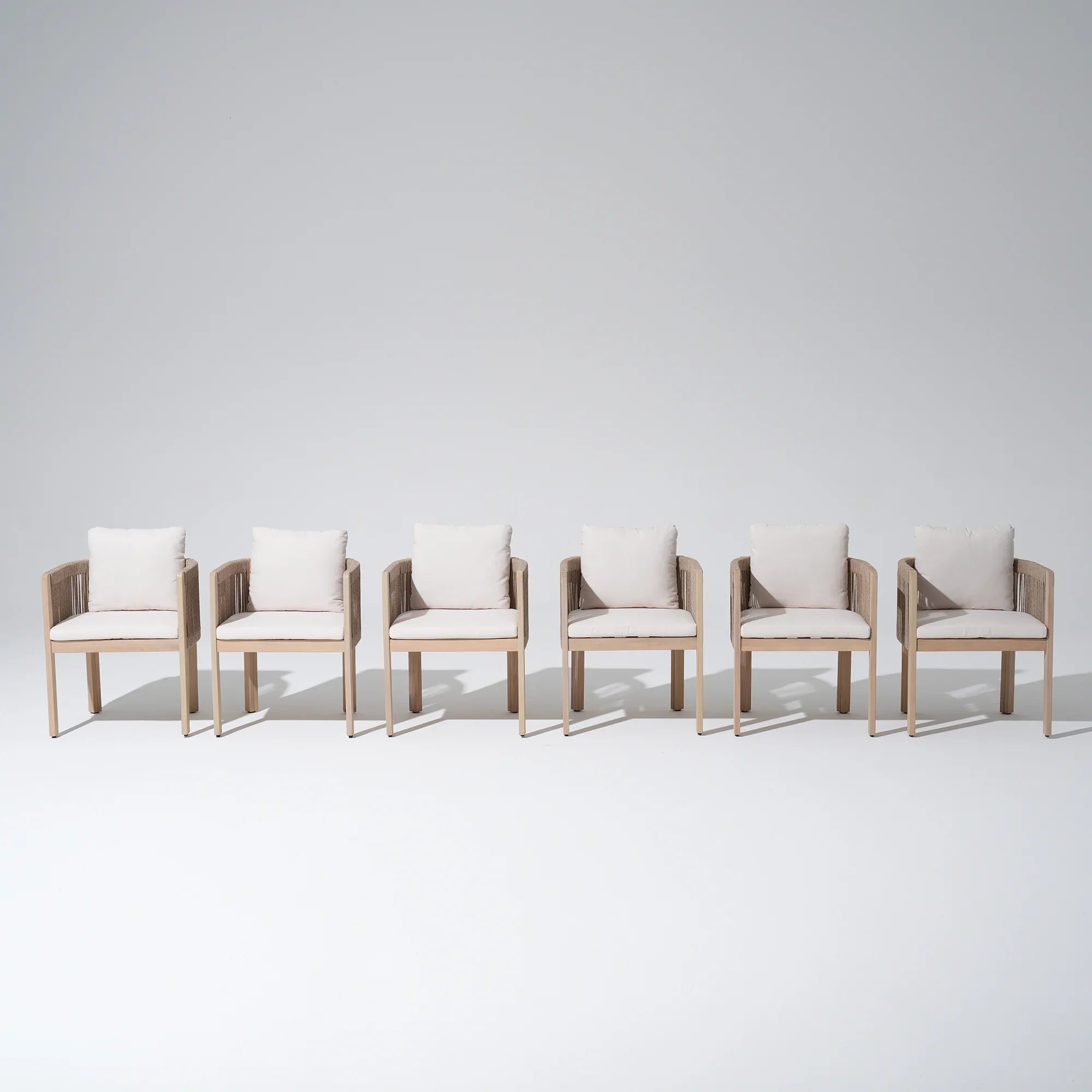 Set of six acacia wooden outdoor dining chairs with white cushions- Jardina Modern Premium Outdoor Patio Furniture