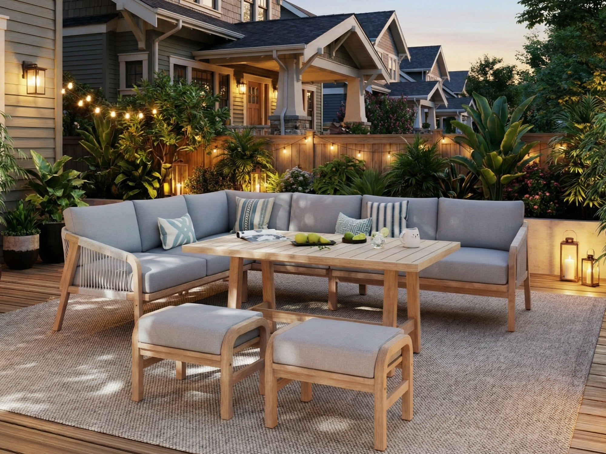 L-shaped wood Outdoor patio sectional conversation set with dining table and ottomans - Jardina Premium Modern Outdoor Dining Furniture