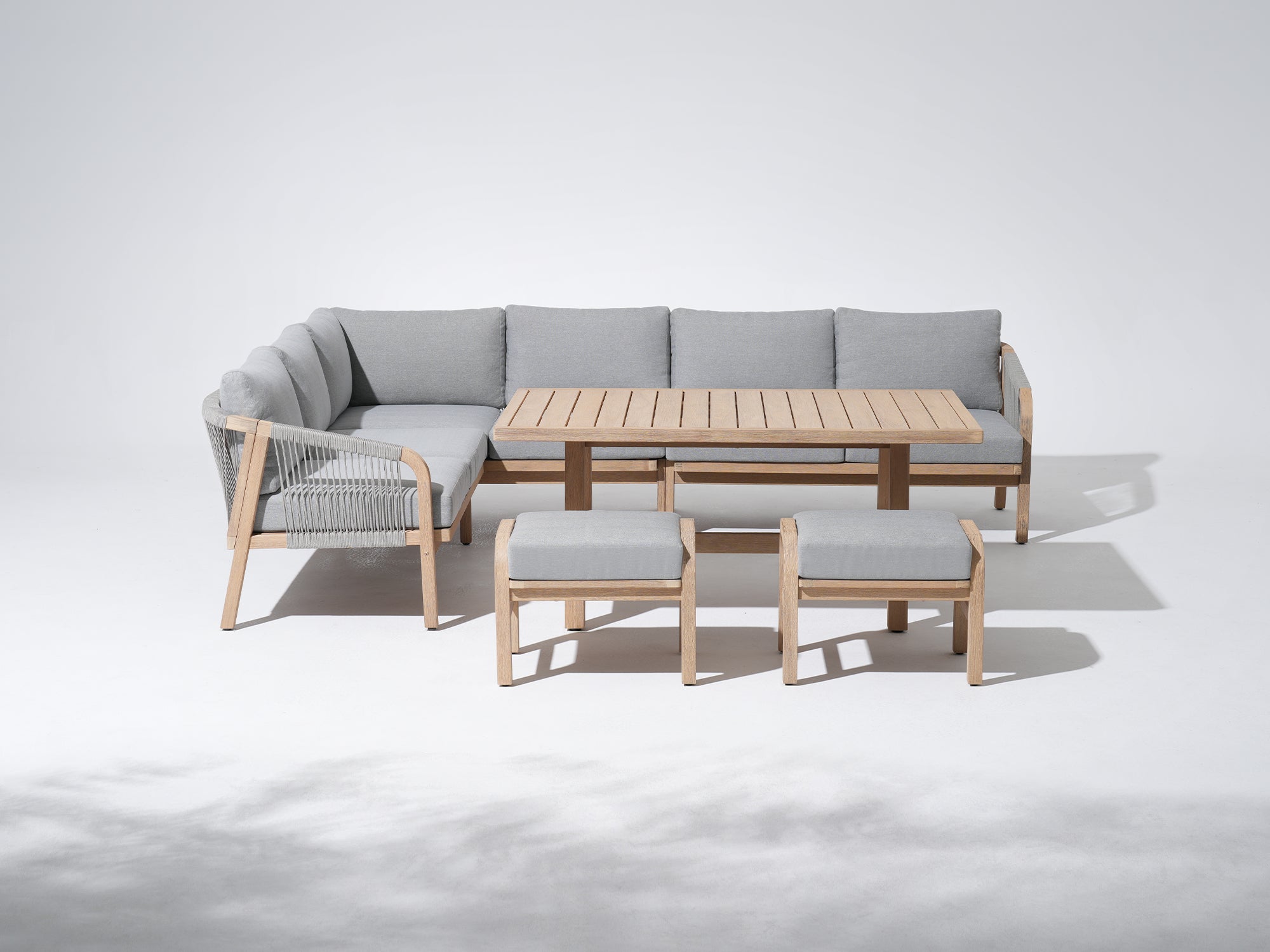 Wooden L-shaped Outdoor Sectional Set with Rope Design, Ottomans & Multi-Use Dining Table - Jardina Premium Modern Outdoor Dining Furniture