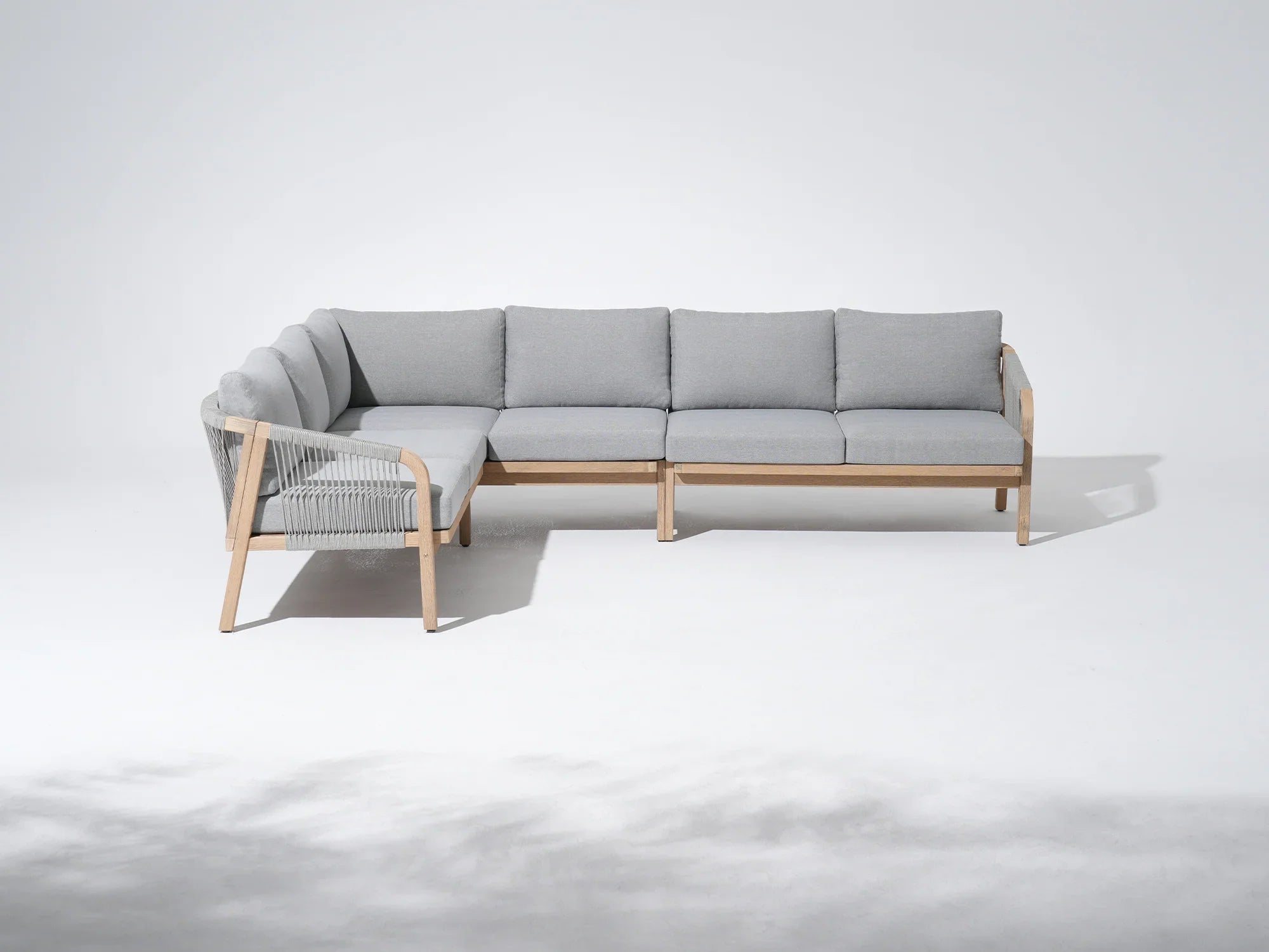 Gray outdoor sectional sofa with wooden frame