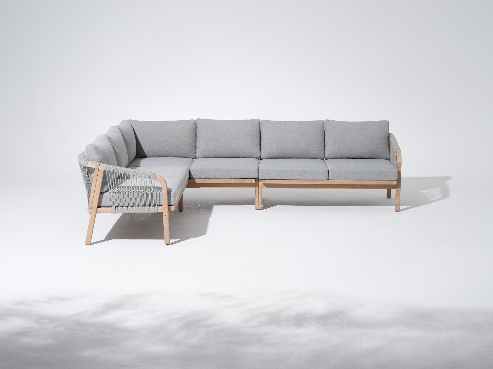 Gray outdoor sectional sofa with wooden frame