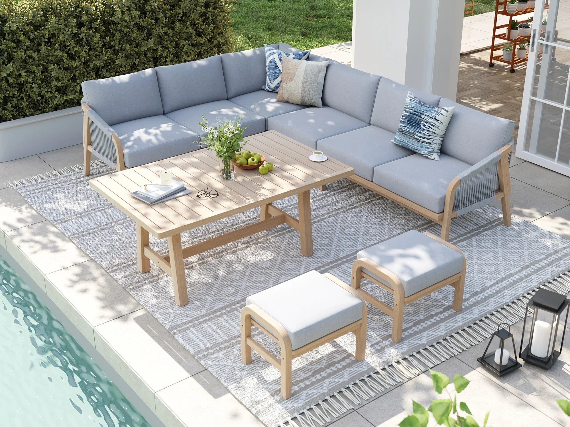 Wood Outdoor patio furniture conversation set with l-shaped sectional sofa, dining table, and ottomans - Jardina Premium Modern Outdoor Dining Furniture