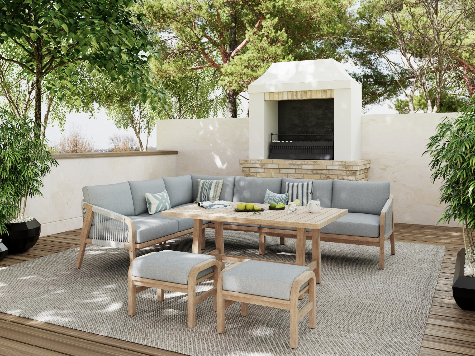 Thalea Wooden L-shaped Sectional Set with Rope Design, Ottomans & Multi-Use Table