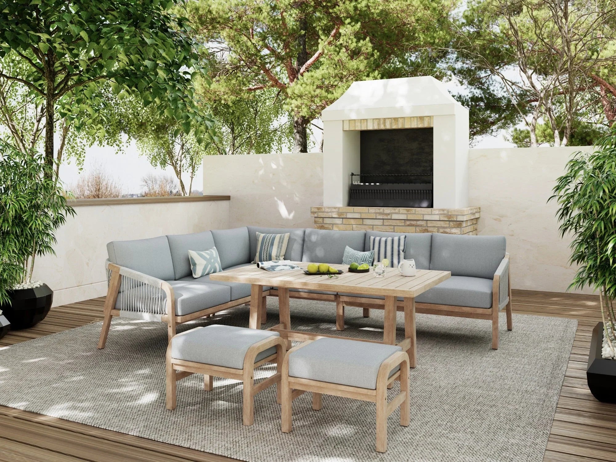 Wood l-shaped Outdoor patio sectional dining set with ottomans - Jardina Premium Modern Outdoor Dining Furniture