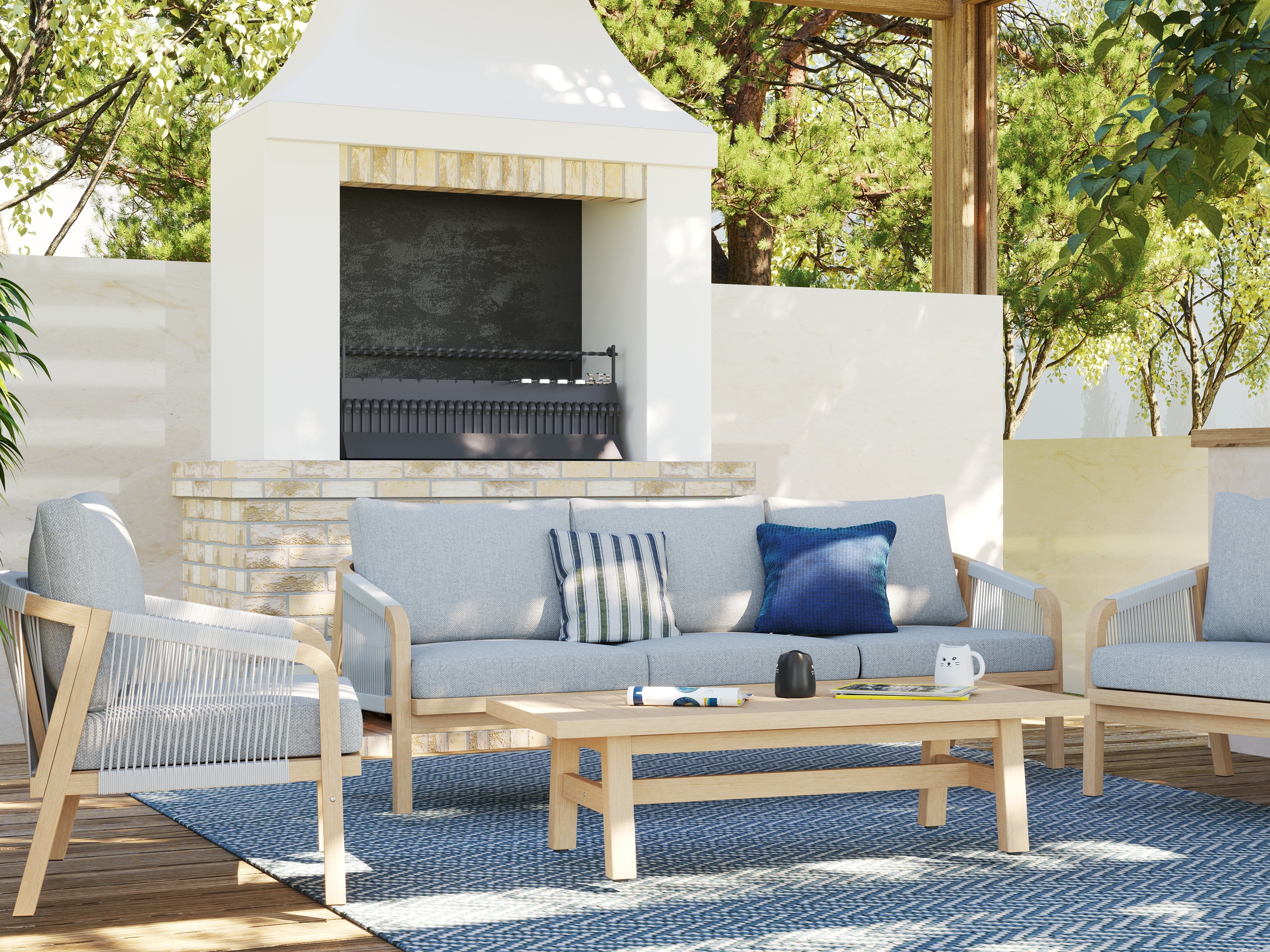 Thalea Textured 3-Seat Wooden Outdoor Sofa With Cushions