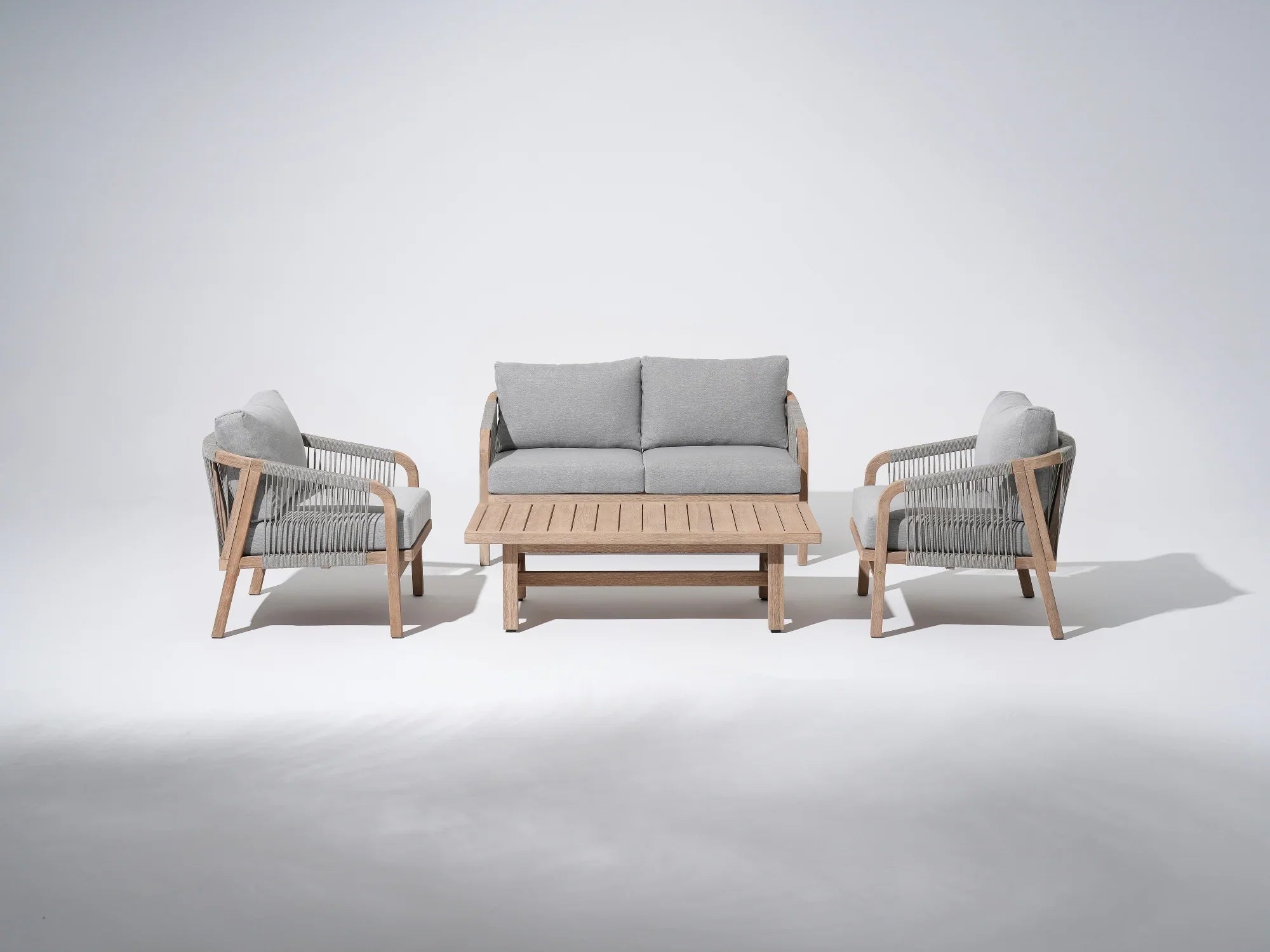 4-pcs Wooden Outdoor conversation sofa set, a loveseat sofa, two single sofa armchairs, gray seat and back cushions, gray rope design, a rectangular wood outdoor coffee table - Jardina Premium Modern Outdoor Patio Furniture Set