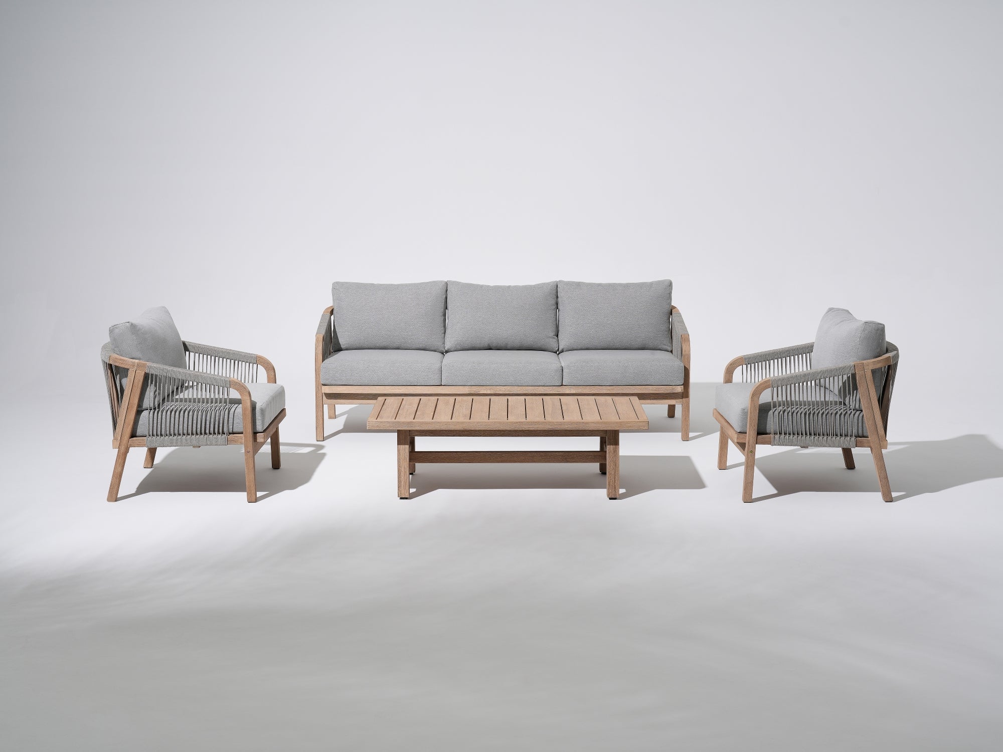 4-pcs Wooden Outdoor conversation sofa set, a 3-seat sofa, two single sofa armchairs, gray seat and back cushions, gray rope design, a rectangular wood outdoor coffee table - Jardina Premium Modern Outdoor Patio Furniture Set
