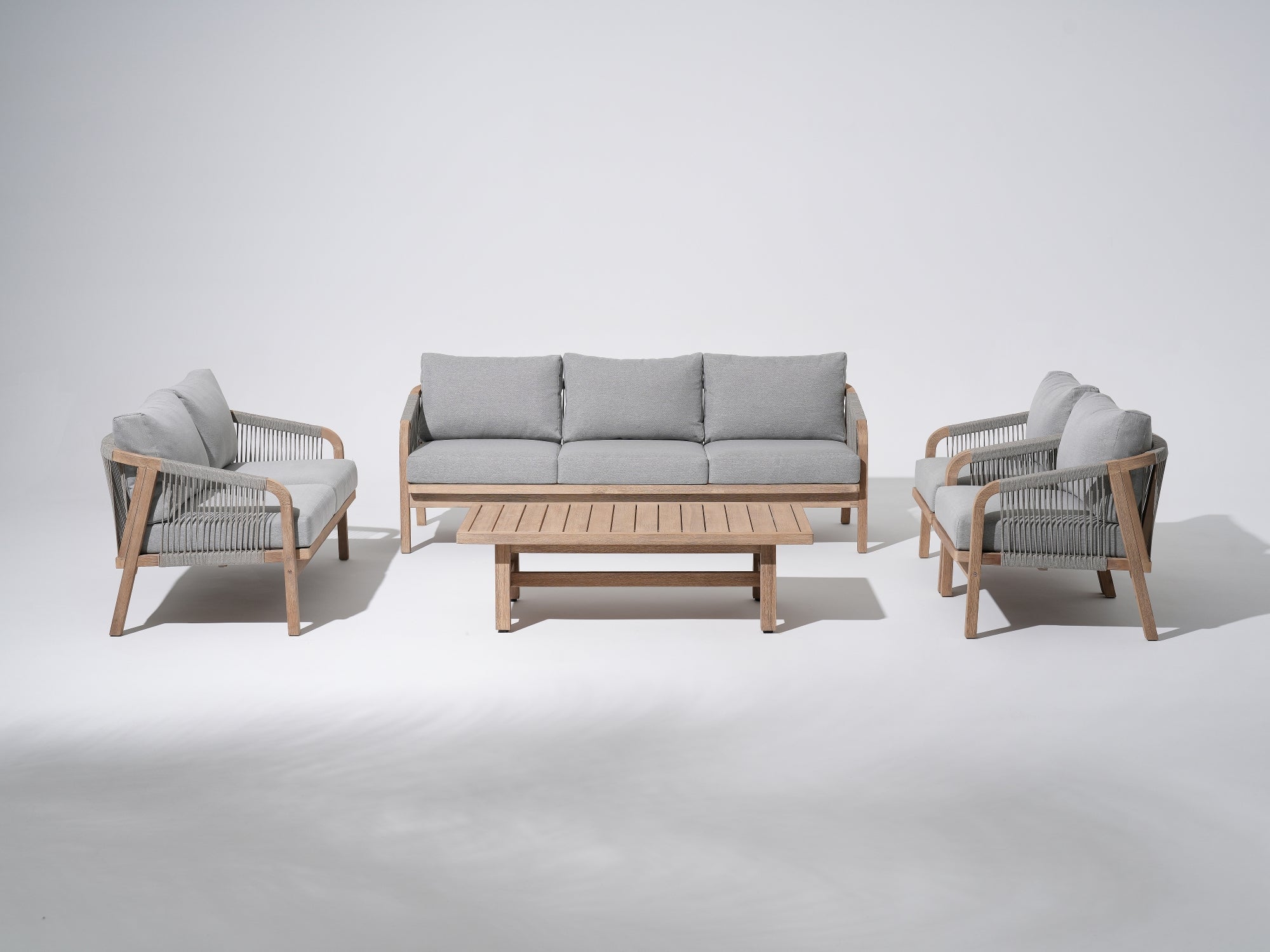 5-pcs Wooden Outdoor conversation sofa set, a triple sofa, a loveseat sofa, two single sofa armchairs, gray seat and back cushions, gray rope design, a rectangular wood outdoor coffee table - Jardina Premium Modern Outdoor Patio Furniture Set