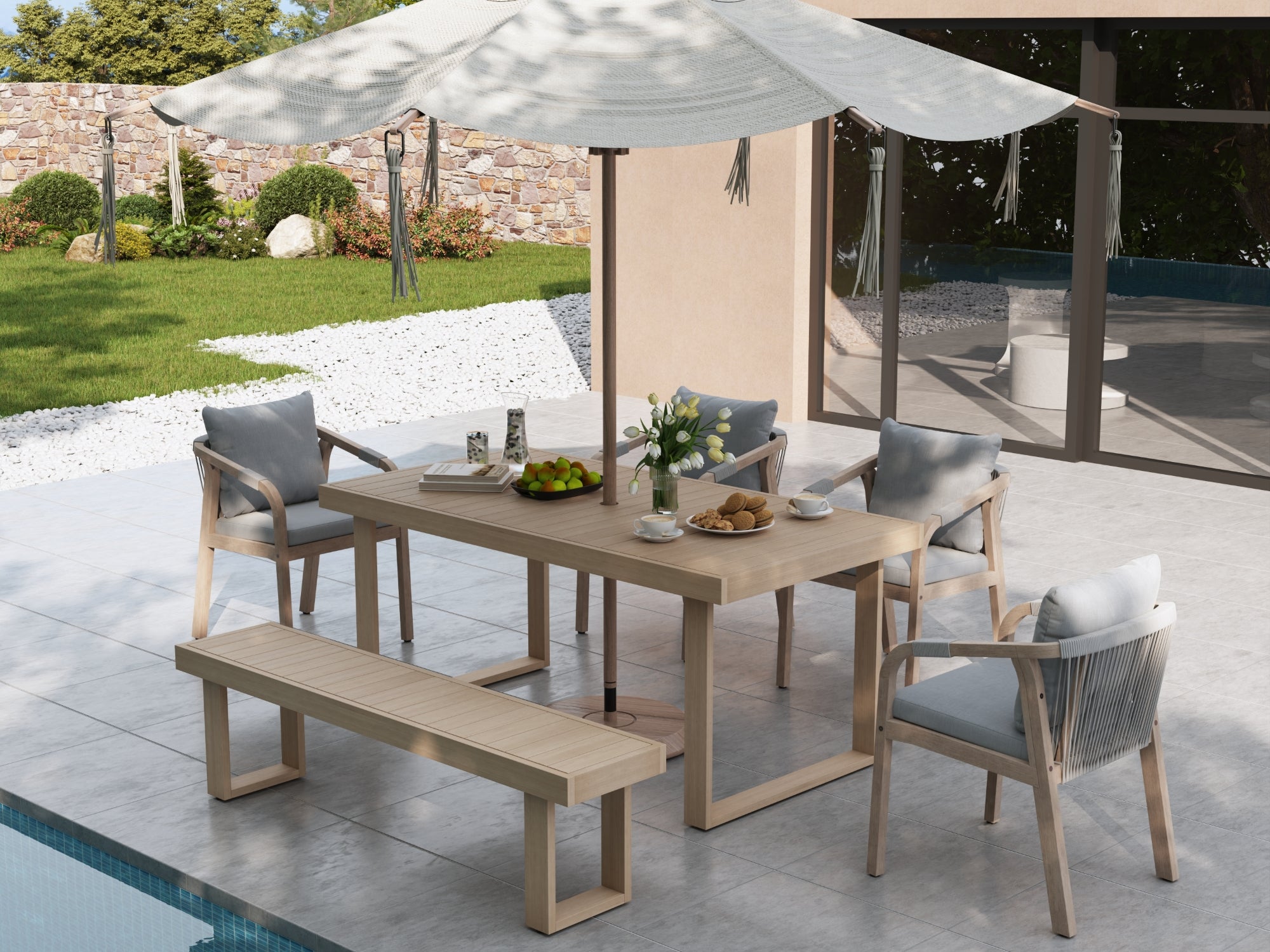 Thalea 67'' Modern Wooden Outdoor Dining Set with 2-4 Rope Chairs and Bench; Sled-Leg Design & Umbrella Hole