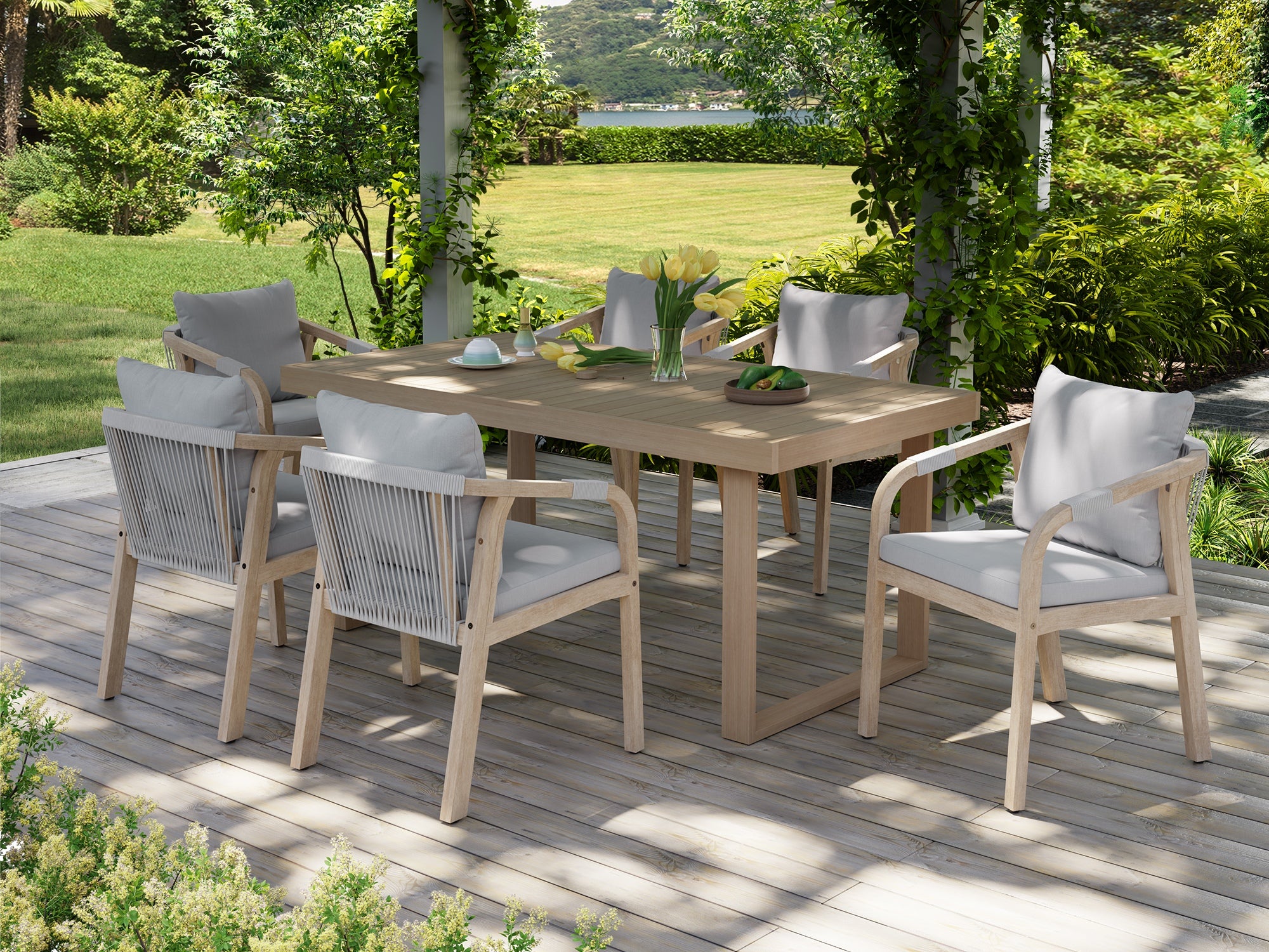 Thalea 67'' Rectangular acacia Wooden Outdoor Dining Set with 6 Rope Chairs, Sled-Leg Design & Umbrella Hole - Jardina Premium Modern Outdoor Dining Furniture