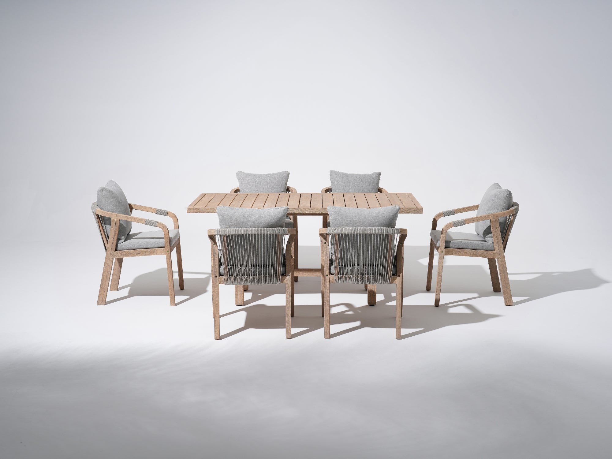 Wooden Outdoor Patio Dining Set For 6, a rectangular acacia wood outdoor dining table and 6 patio dining chairs with gray seat and back cushions, gray rope design - Jardina Premium Modern Outdoor Patio Dining Furniture Set