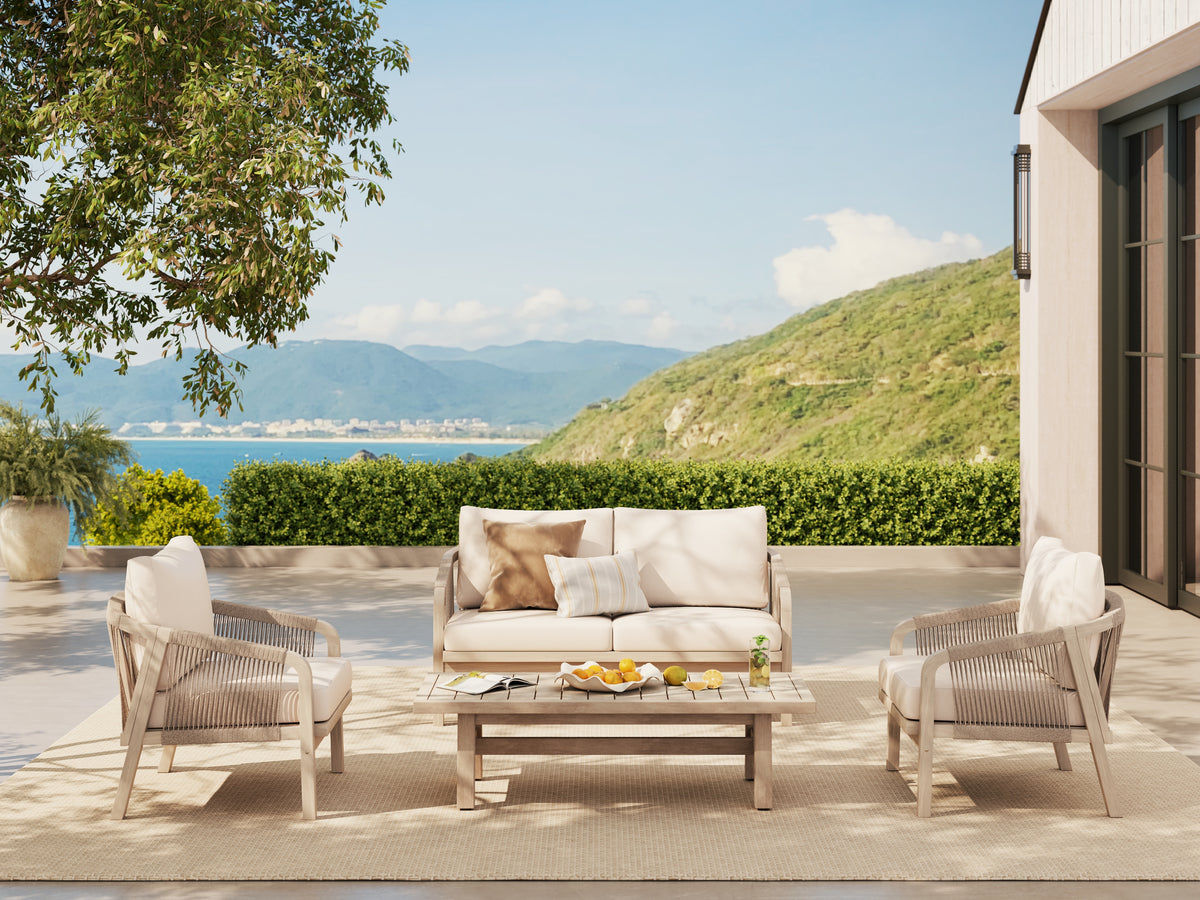 4-seat wood Outdoor patio furniture set with a loveseat sofa, two armchairs, and a rectangular coffee table- Jardina premium modern outdoor patio furniture