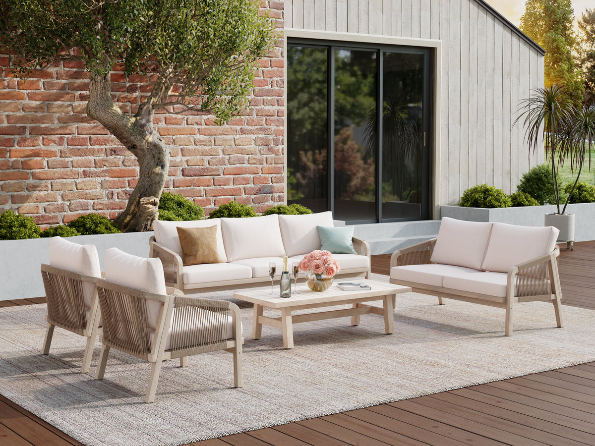 Thalea 7-Seater Wooden Patio Conversation Set with Coffee Table in Cream