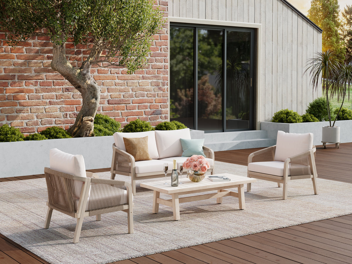 4-piece acacia wood outdoor patio furniture sofa set with rope design including a loveseat, two armchairs, and a coffee table- Jardina premium modern outdoor patio furniture