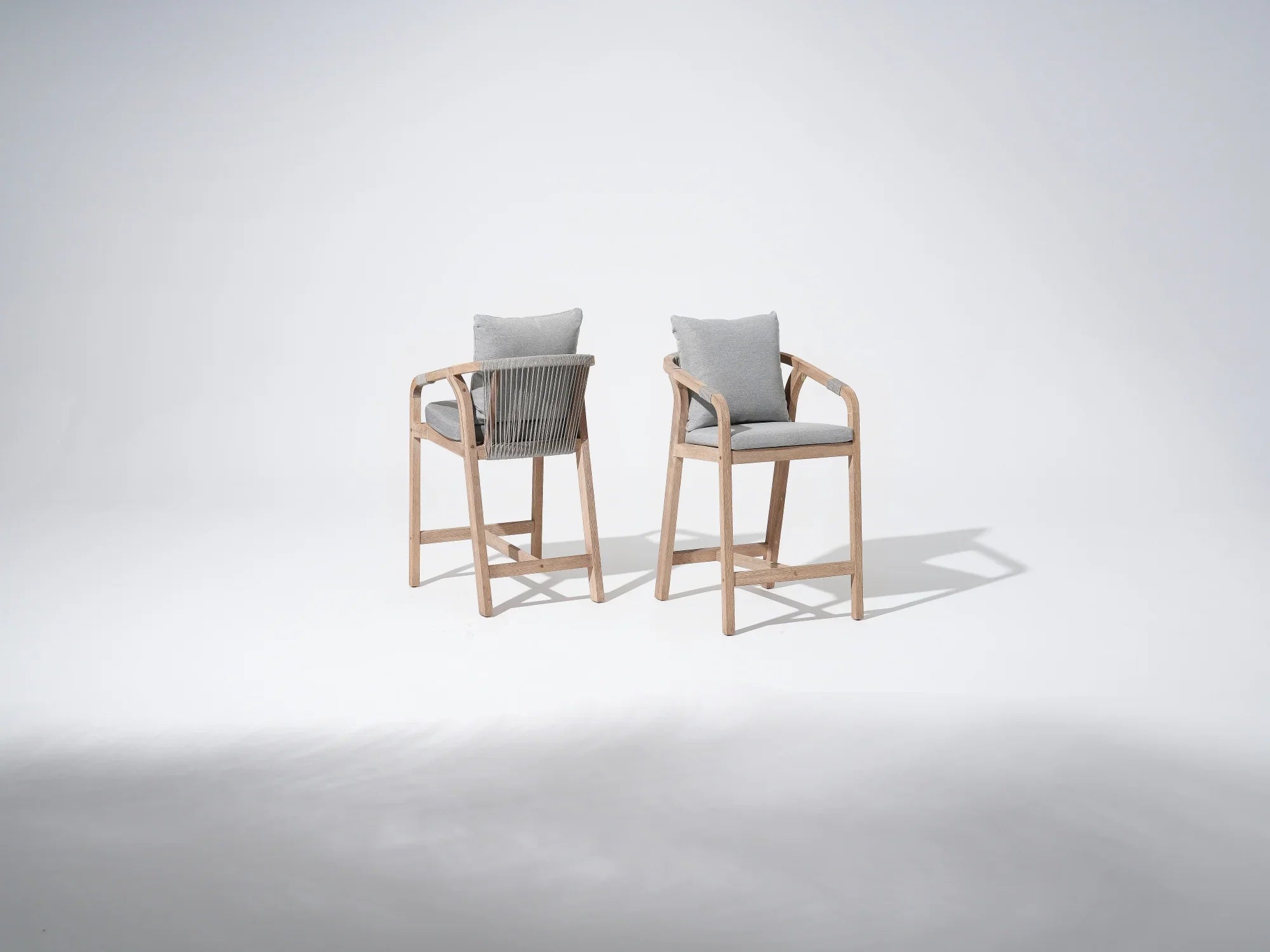 Wooden Outdoor Patio Bar Chairs/stools with gray cushions, gray rope design - Jardina Premium Modern Outdoor Patio Furniture