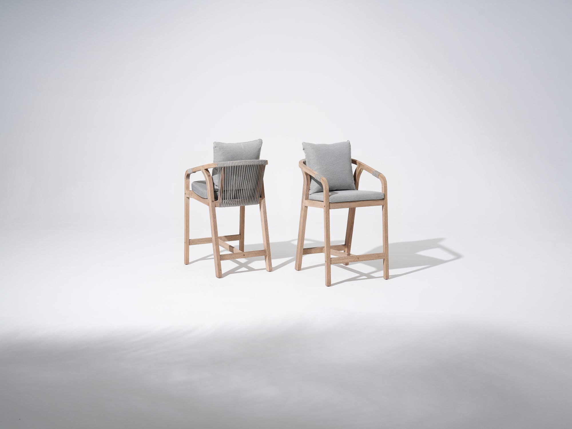 Wooden Outdoor Patio Bar Chairs/stools with gray cushions, gray rope design - Jardina Premium Modern Outdoor Patio Furniture