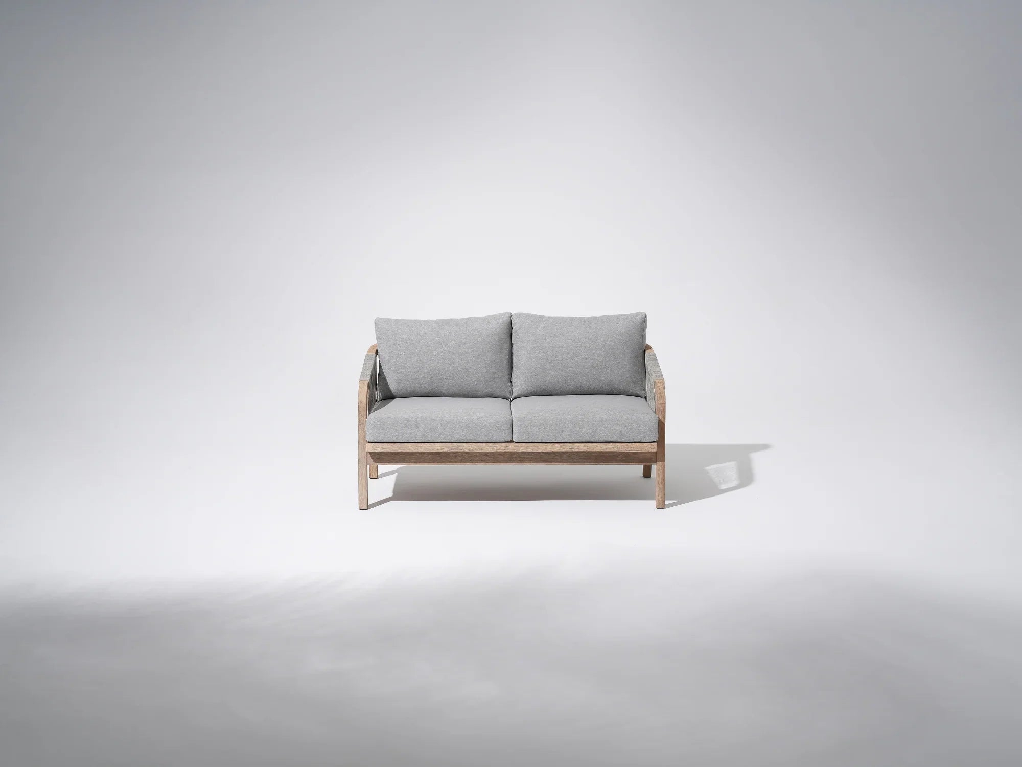 Wooden Outdoor loveseat , gray cushions 2-seat sofa with gray rope design - Jardina Premium Modern Outdoor Patio Furniture