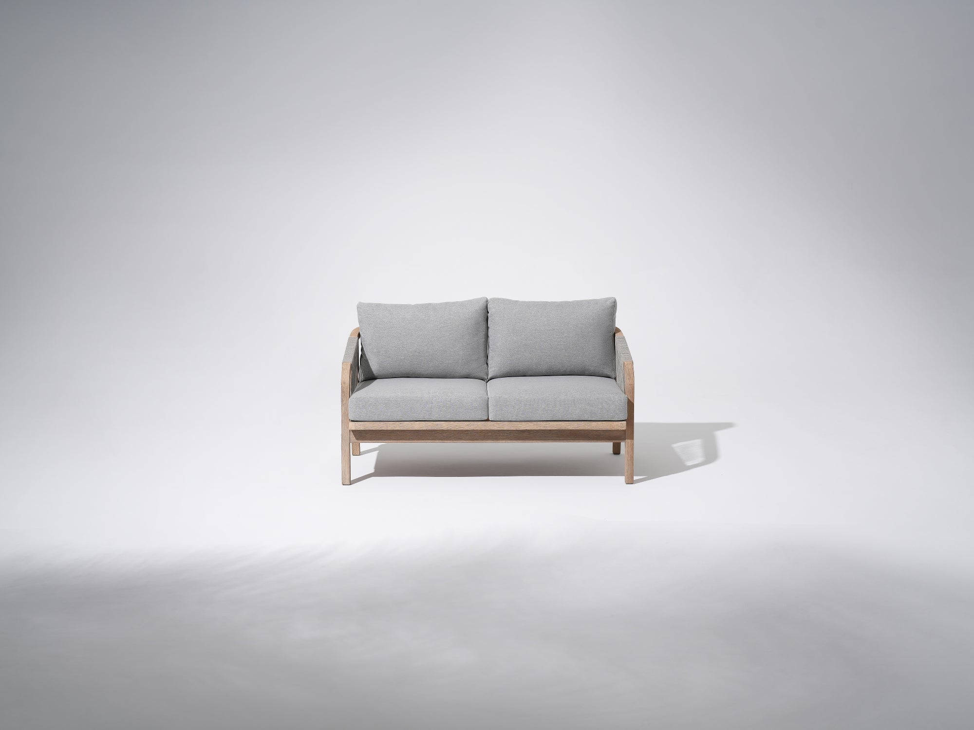 Wooden Outdoor loveseat , gray cushions 2-seat sofa with gray rope design - Jardina Premium Modern Outdoor Patio Furniture