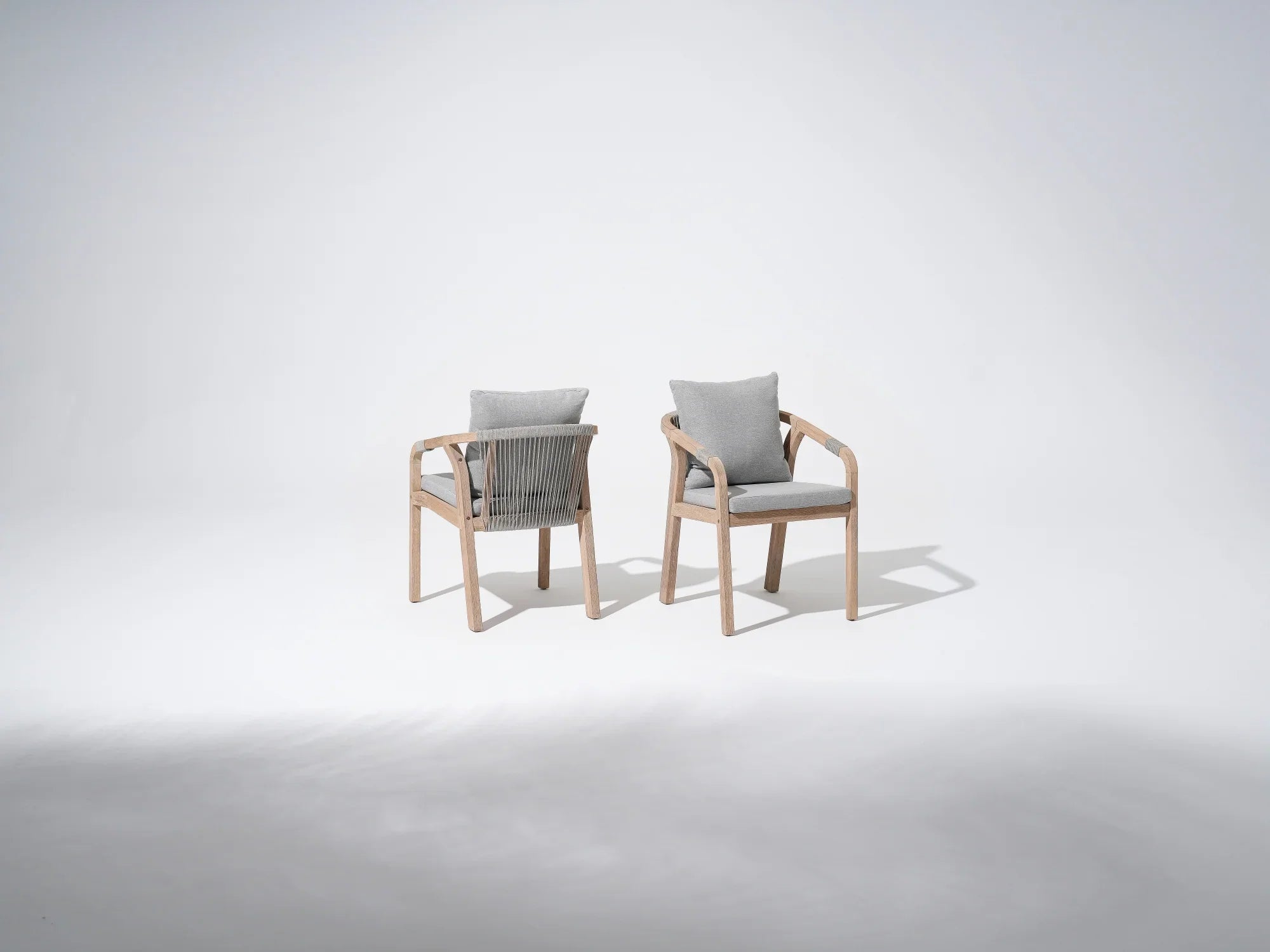 Wooden Outdoor dining chairs with gray cushions and gray rope design - Jardina Premium Modern Outdoor Patio Dining Furniture