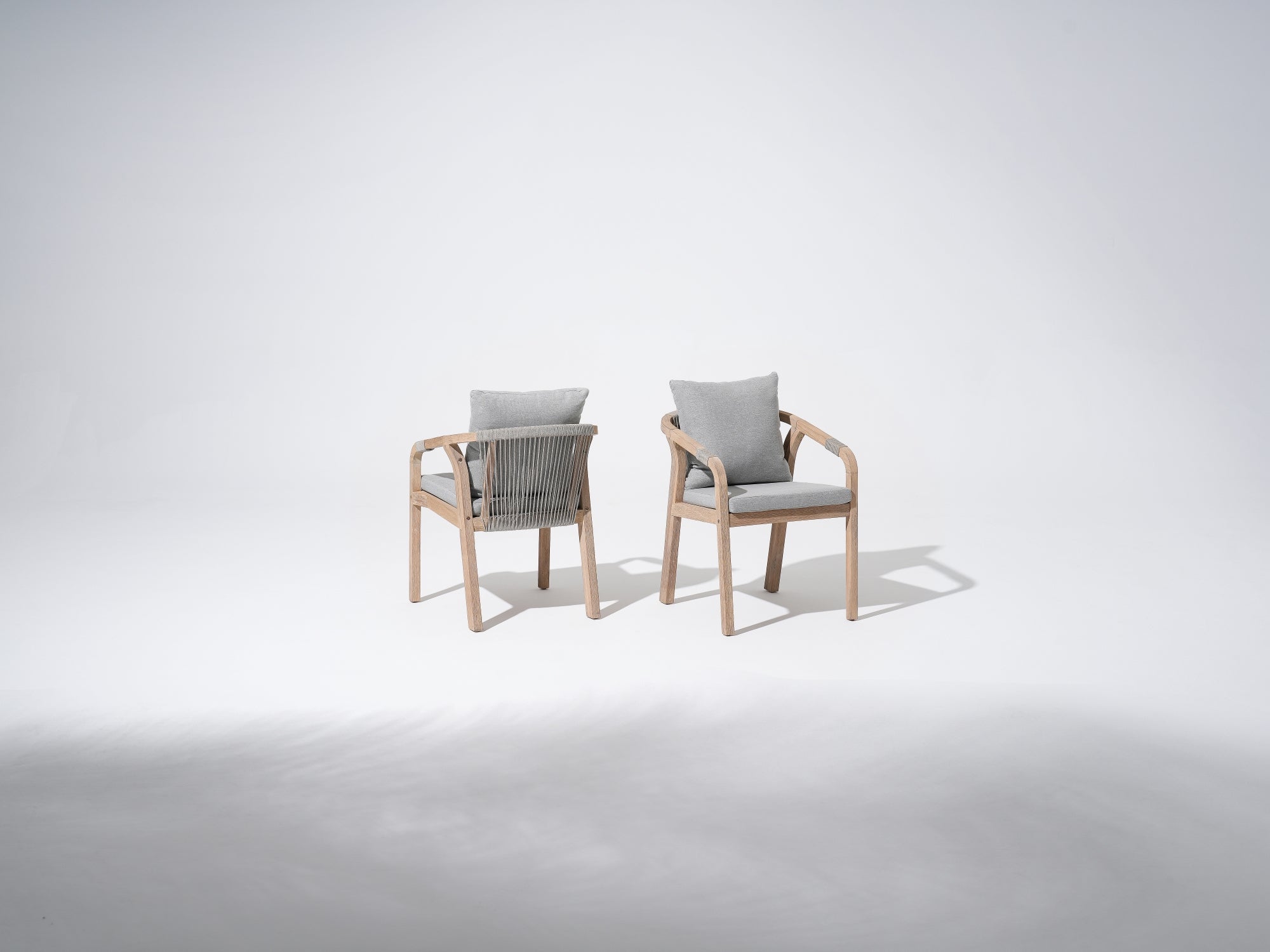 Wooden Outdoor dining chairs with gray cushions and gray rope design - Jardina Premium Modern Outdoor Patio Dining Furniture
