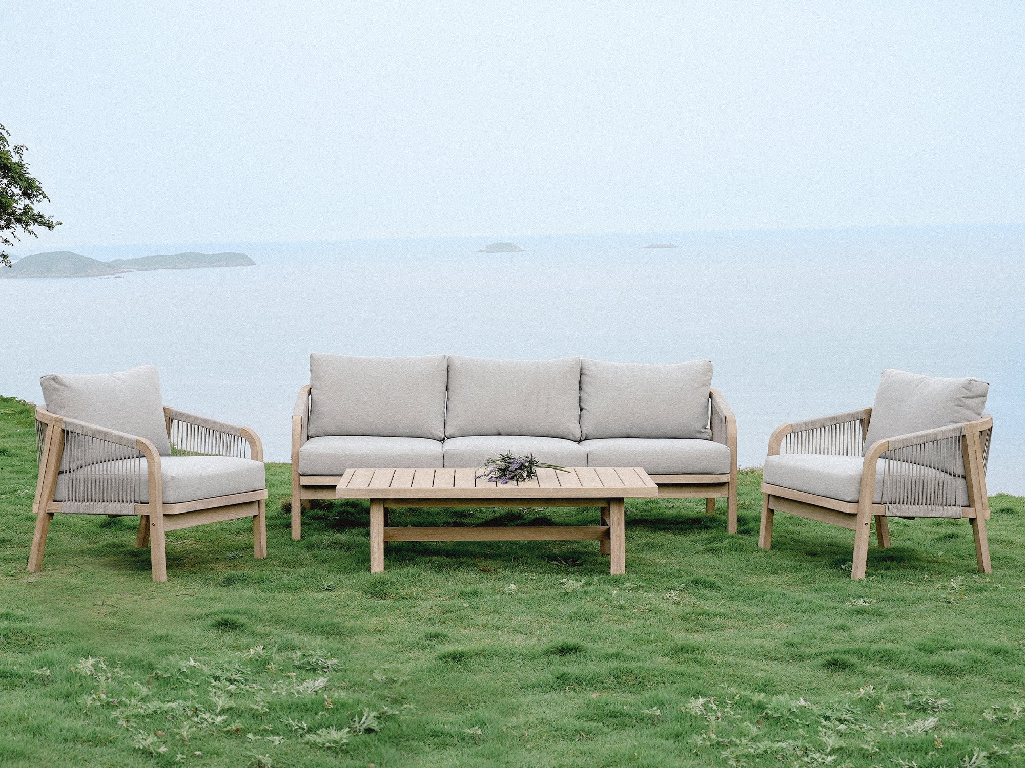 Thalea 5-Seater Wooden Outdoor Conversation Sofa Set with light grey thick cushions - Jardina modern outdoor patio furniture