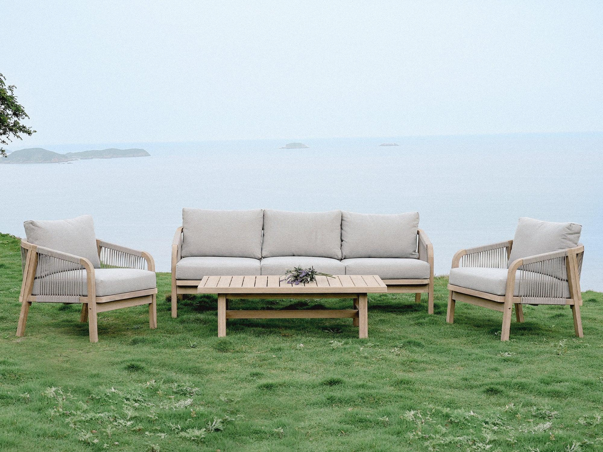 Thalea 5-Seater Wooden Outdoor Conversation Sofa Set with light grey thick cushions - Jardina modern outdoor patio furniture