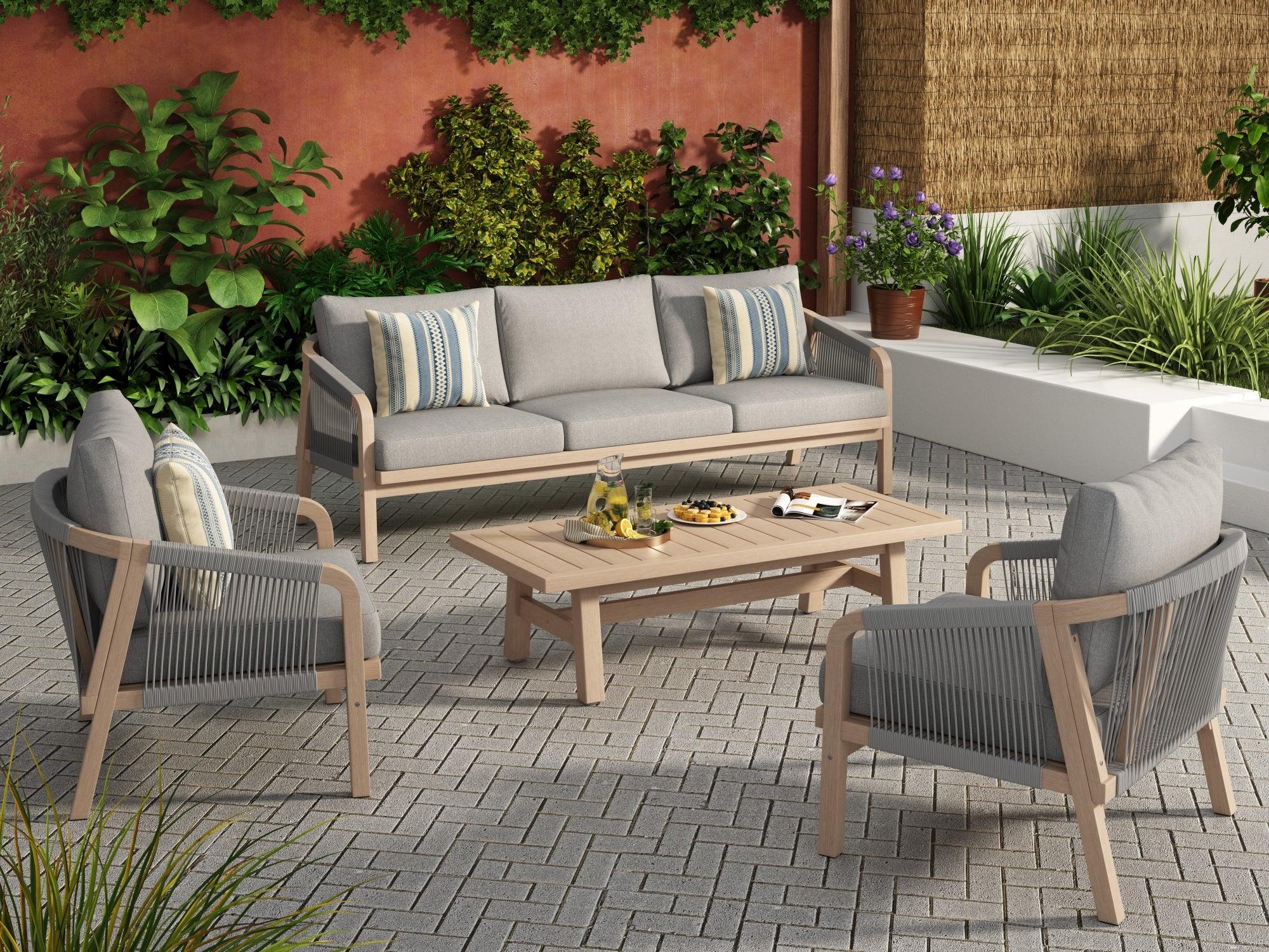 4-pcs Wooden Outdoor conversation sofa set, a 3-seat sofa, two single sofa armchairs, gray seat and back cushions, gray rope design, a rectangular wood outdoor coffee table - Jardina Premium Modern Outdoor Patio Furniture Set