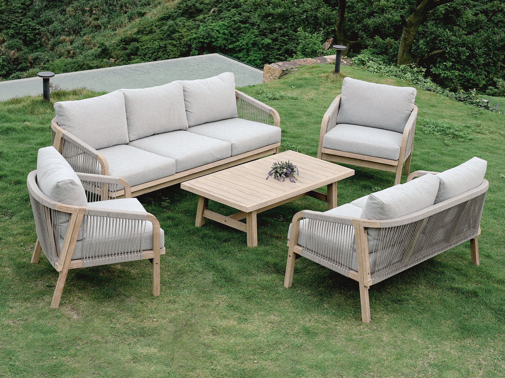 Thalea 7 Seats Wooden Patio Conversation Set with Coffee Table- Jardina modern outdoor patio furniture