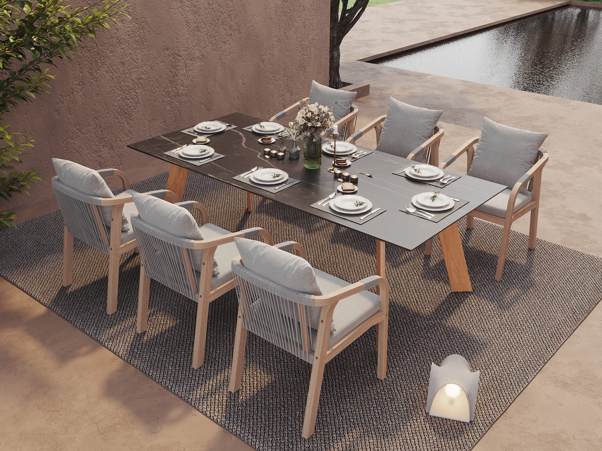 Thalea & Plena 8 Person Wooden Outdoor Dining Set with Laguna Stone Table, 90.6''; Teak wood Leg