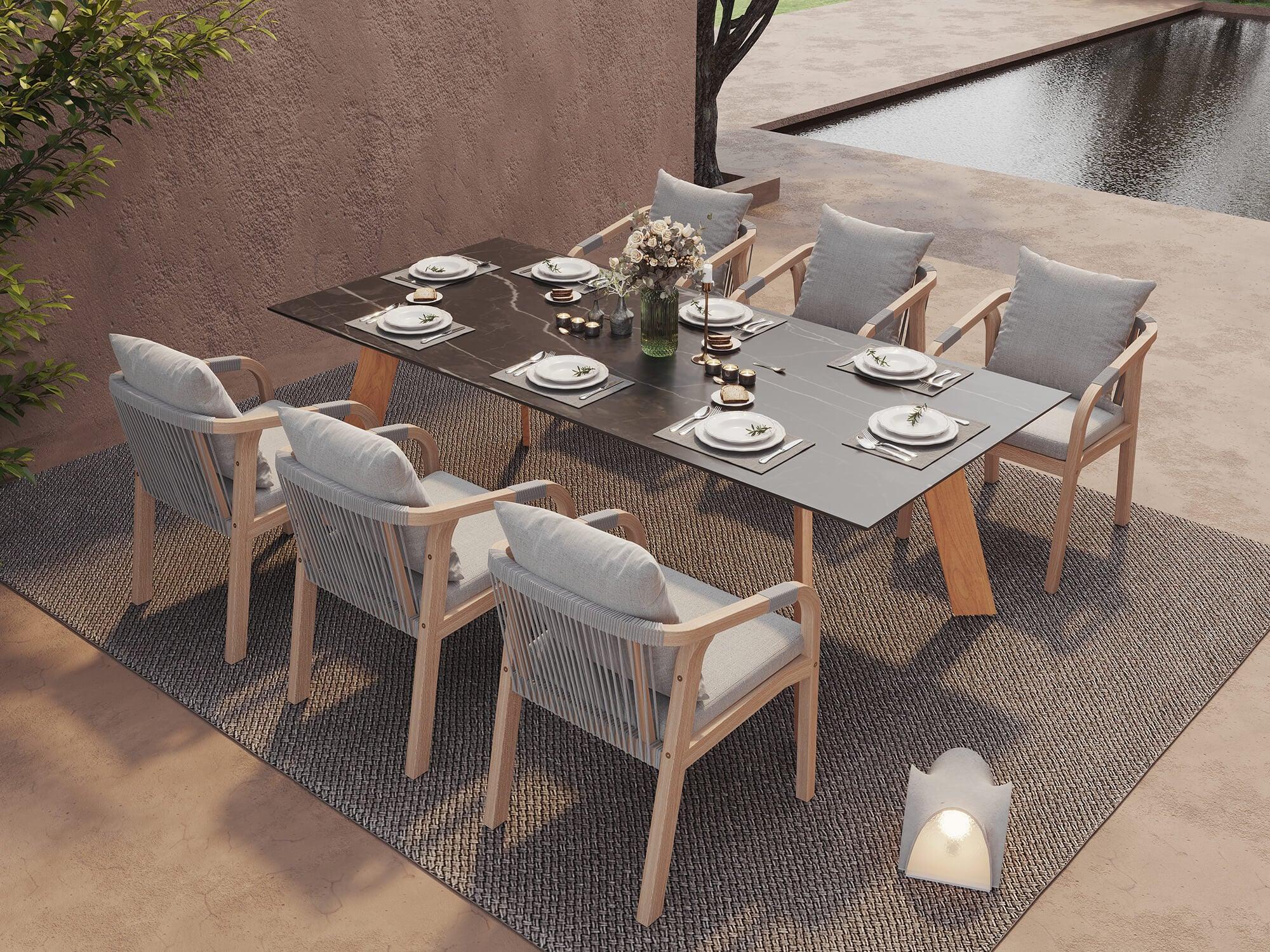 Thalea & Plena 8 Person Wooden Outdoor Dining Set with Laguna Stone Table, 90.6" Teak wood Leg