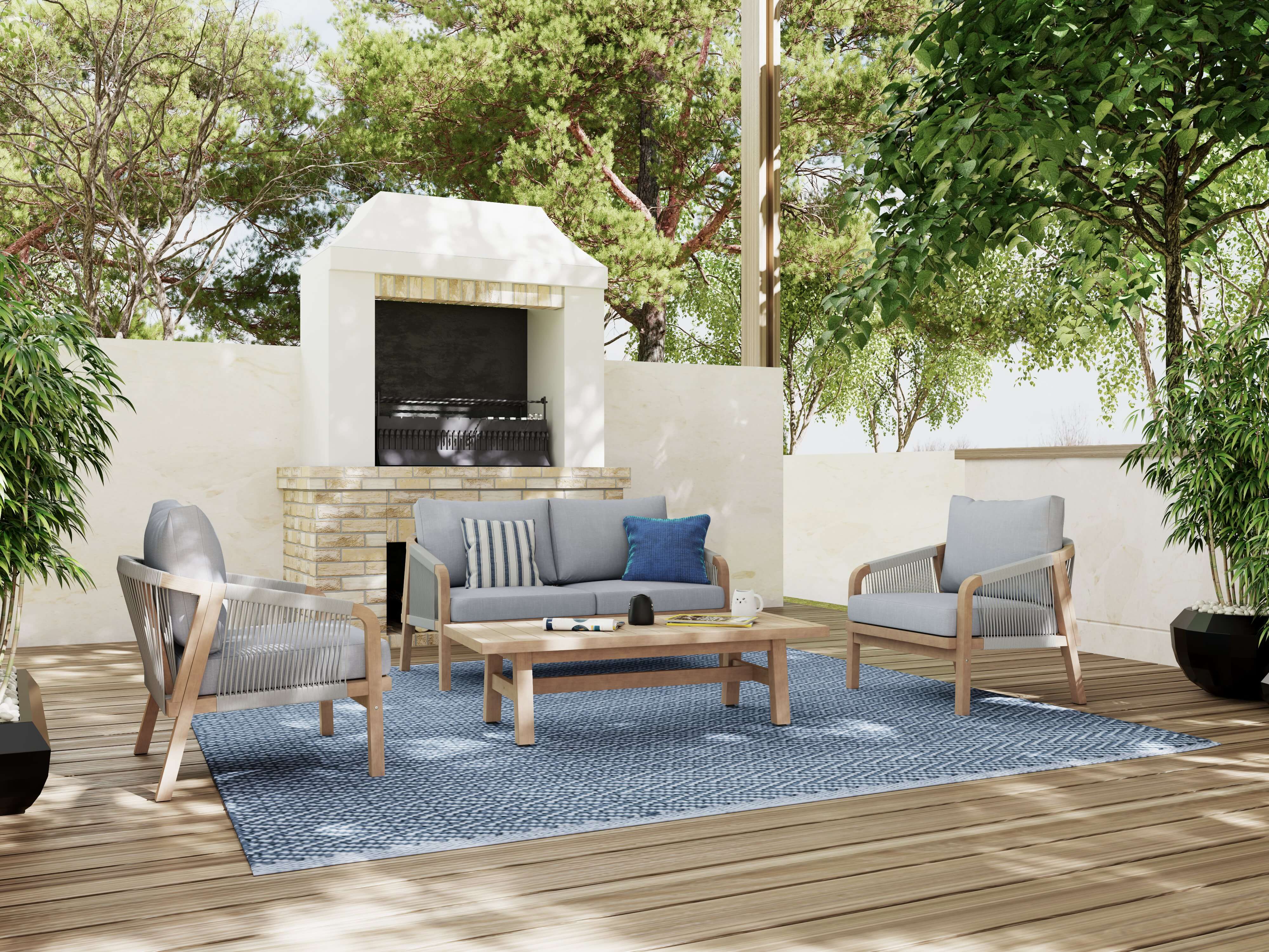 Thalea Textured 4-Piece Wooden Outdoor Loveseat Set for 4 People