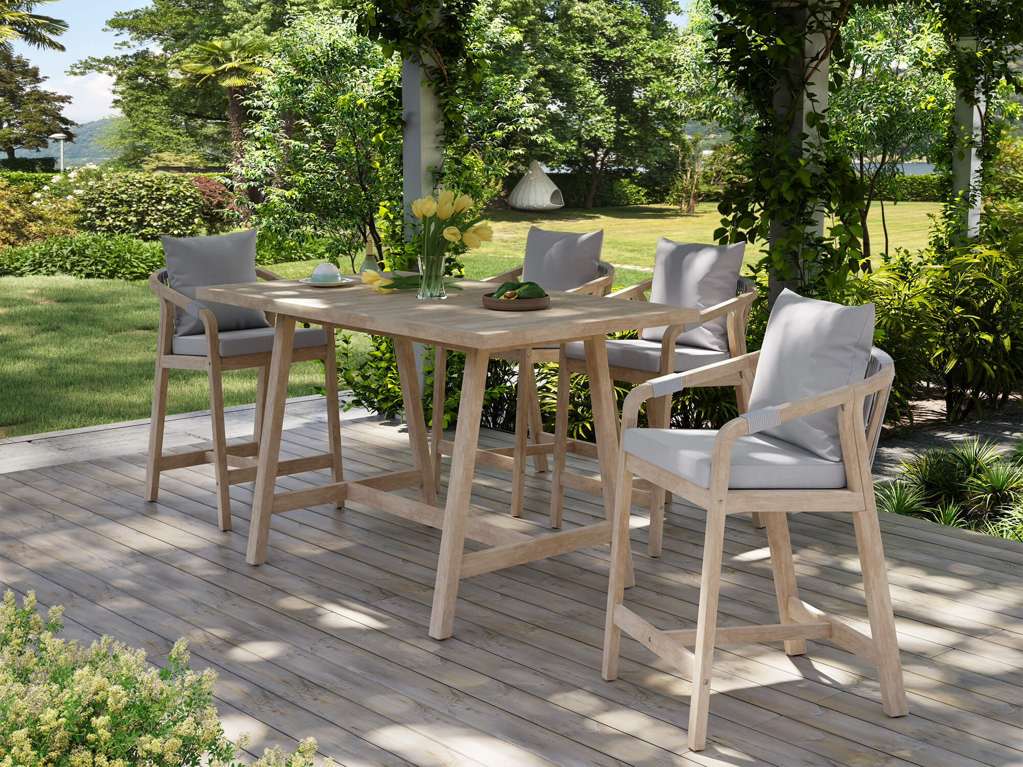 Outdoor dining bar height set with wooden table and rope chairs - Jardina Premium Modern Outdoor Dining Furniture