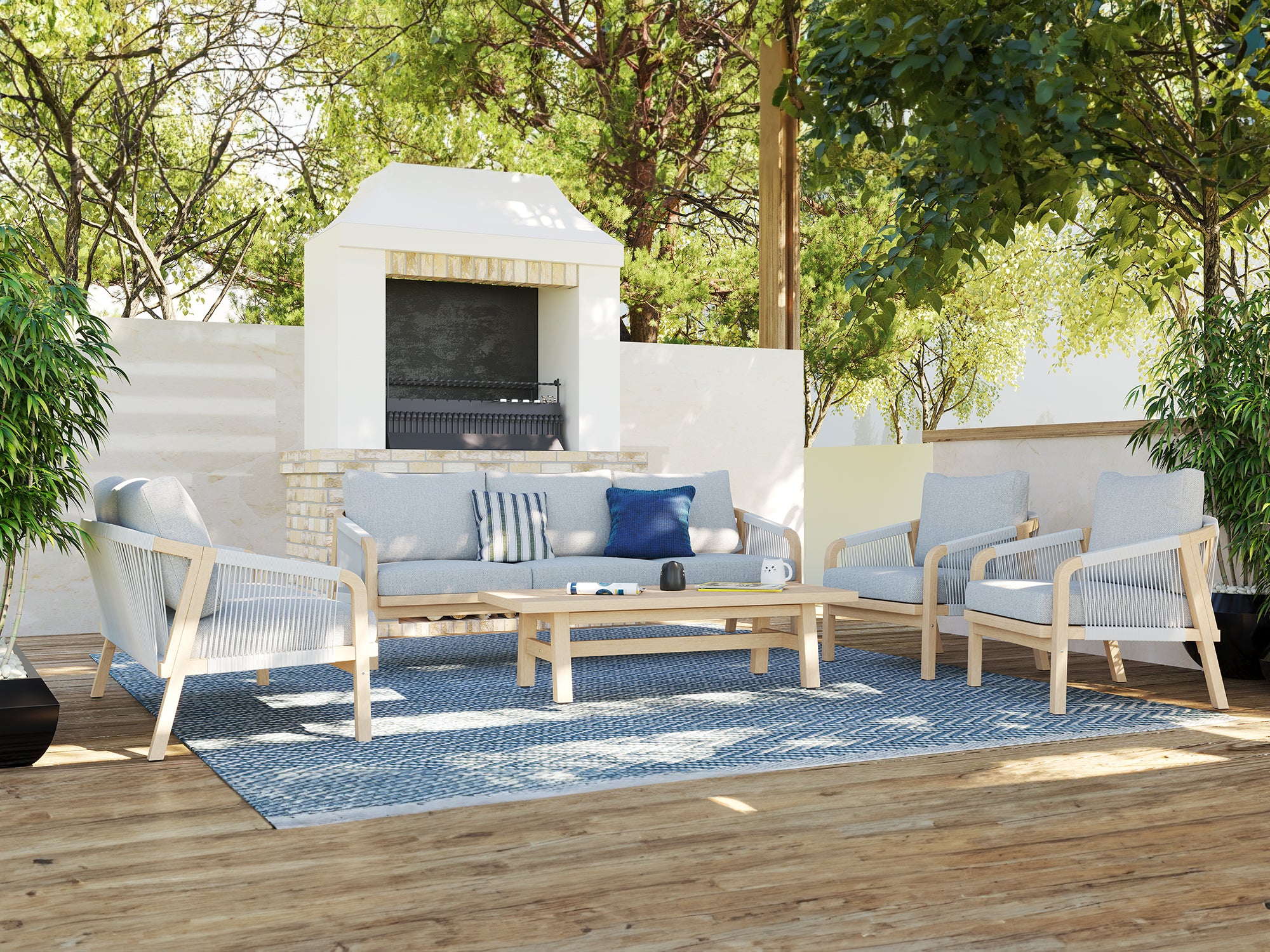 5-pcs Wooden Outdoor conversation sofa set, a triple sofa, a loveseat sofa, two single sofa armchairs, gray seat and back cushions, gray rope design, a rectangular wood outdoor coffee table - Jardina Premium Modern Outdoor Patio Furniture Set