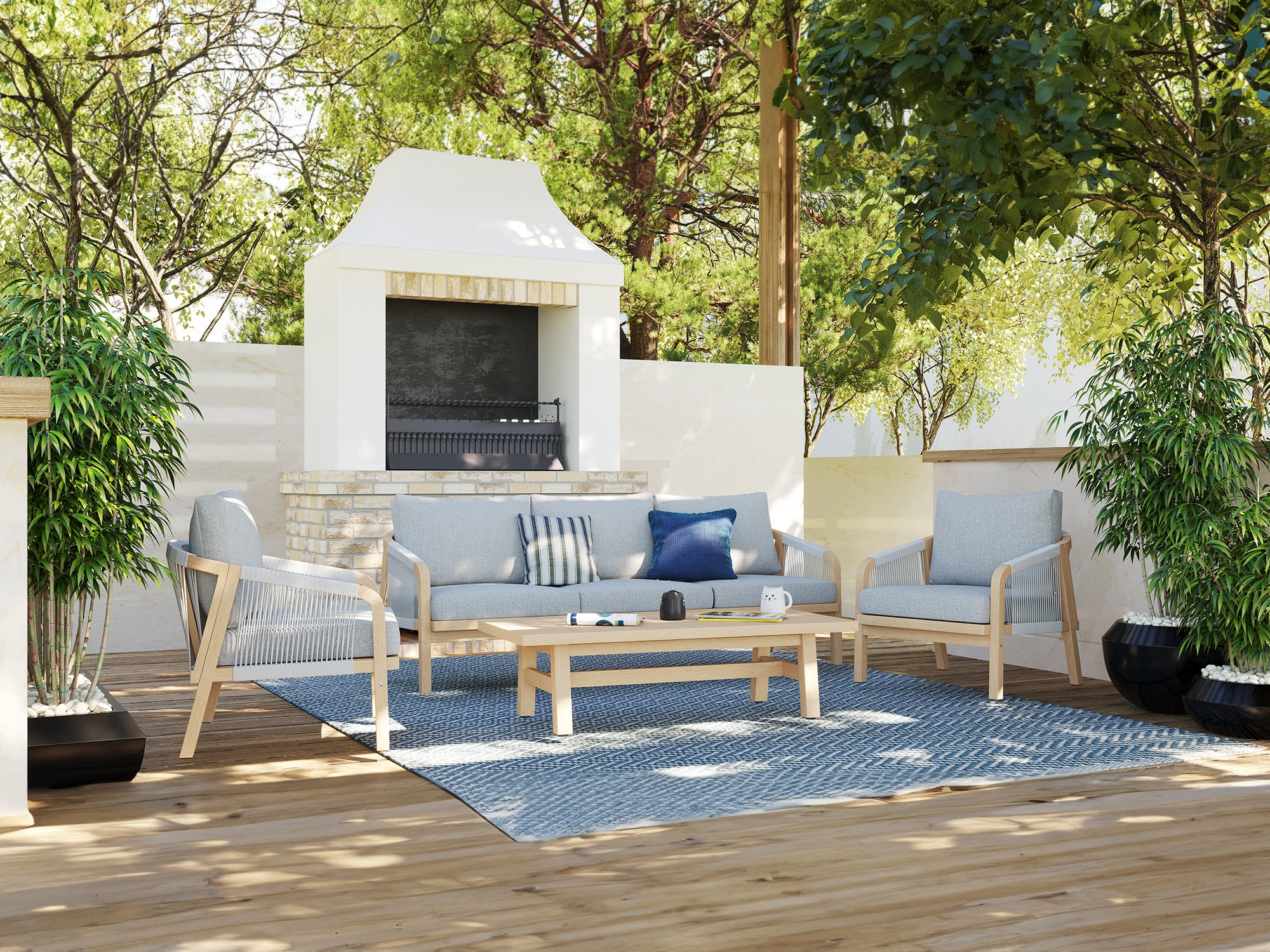 4-pcs Wooden Outdoor conversation sofa set, a 3-seat sofa, two single sofa armchairs, gray seat and back cushions, gray rope design, a rectangular wood outdoor coffee table - Jardina Premium Modern Outdoor Patio Furniture Set