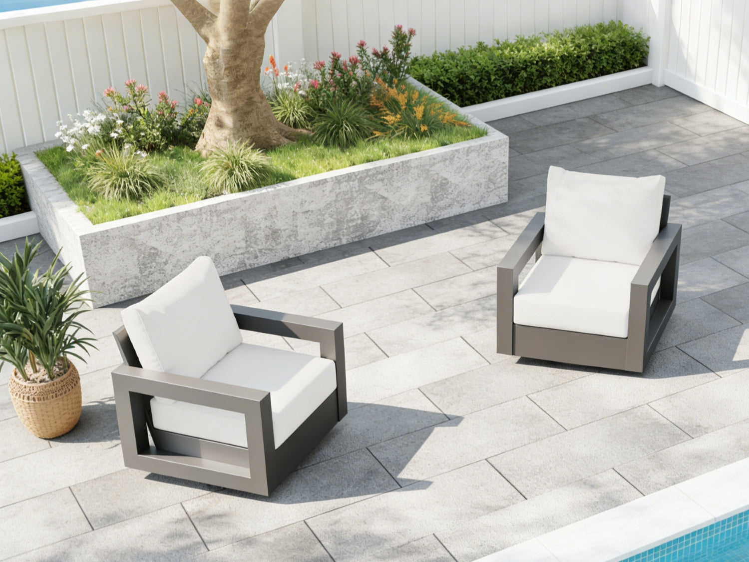 Vela Aluminum Outdoor Swivel Chairs, Black Frame & White Cushions, Set of 2