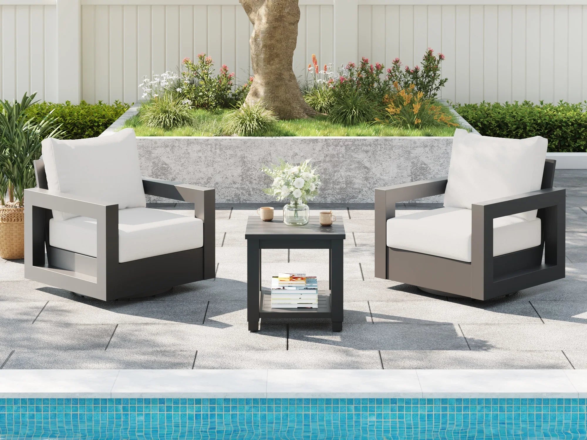 aluminum Outdoor patio bistro set with swivel chairs for small space, dark gray frame