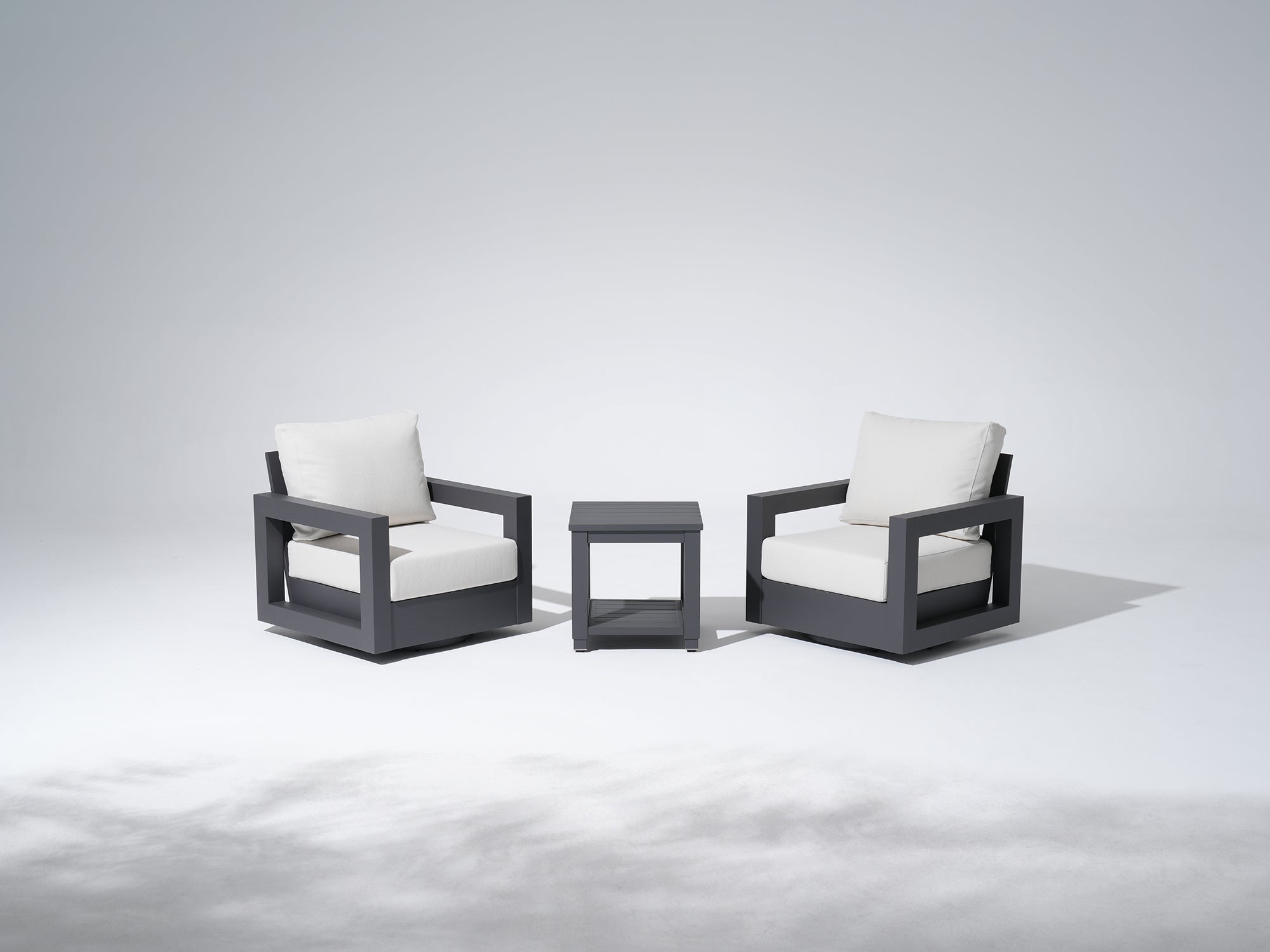 Vela Aluminum Outdoor Swivel Chairs with Table, Black Frame & White Cushions