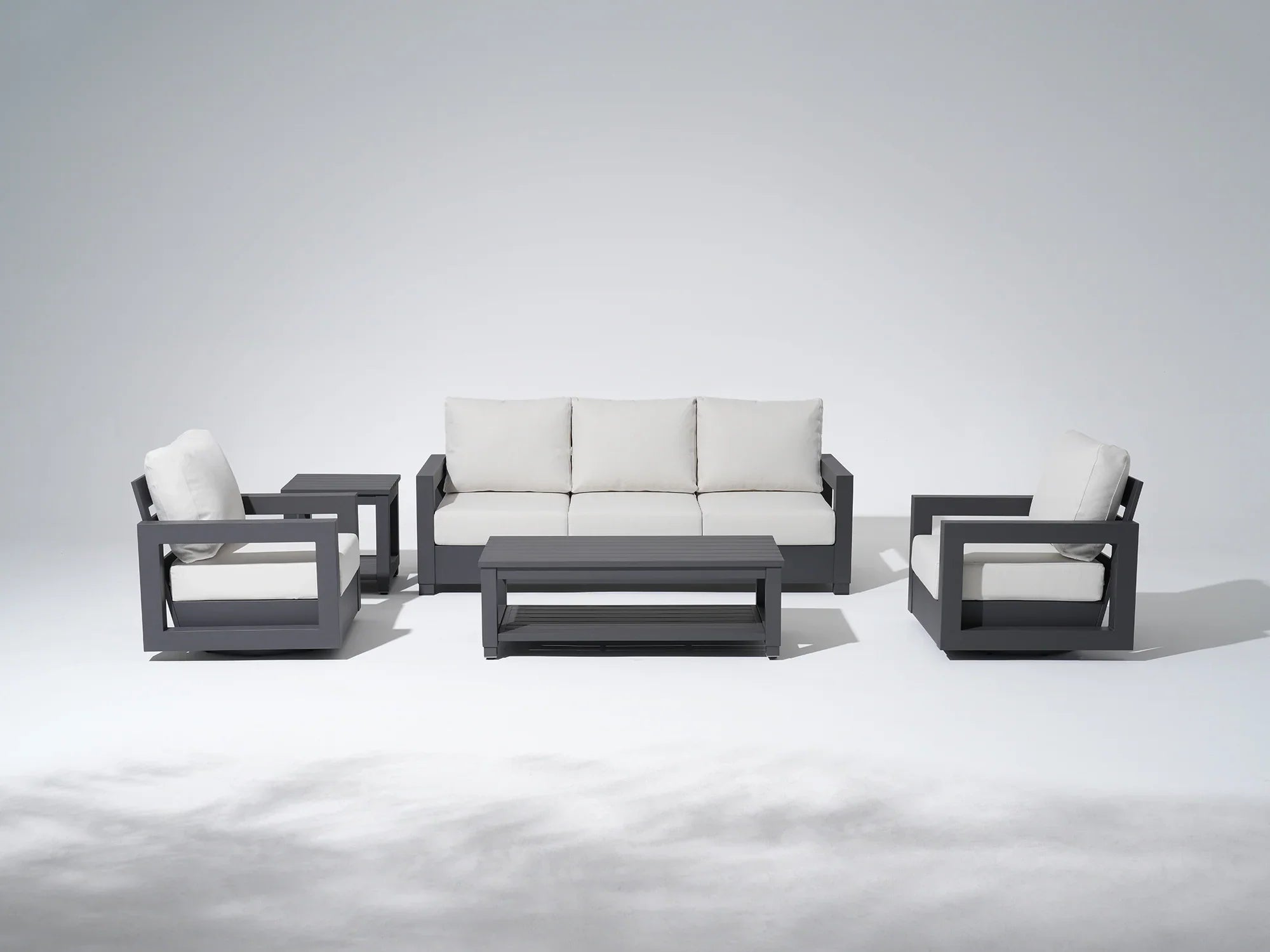 Aluminum Black Outdoor Sofa conversation Set, Swivel Lounge Chair, Olefin White Cushions, Mixed Tables
