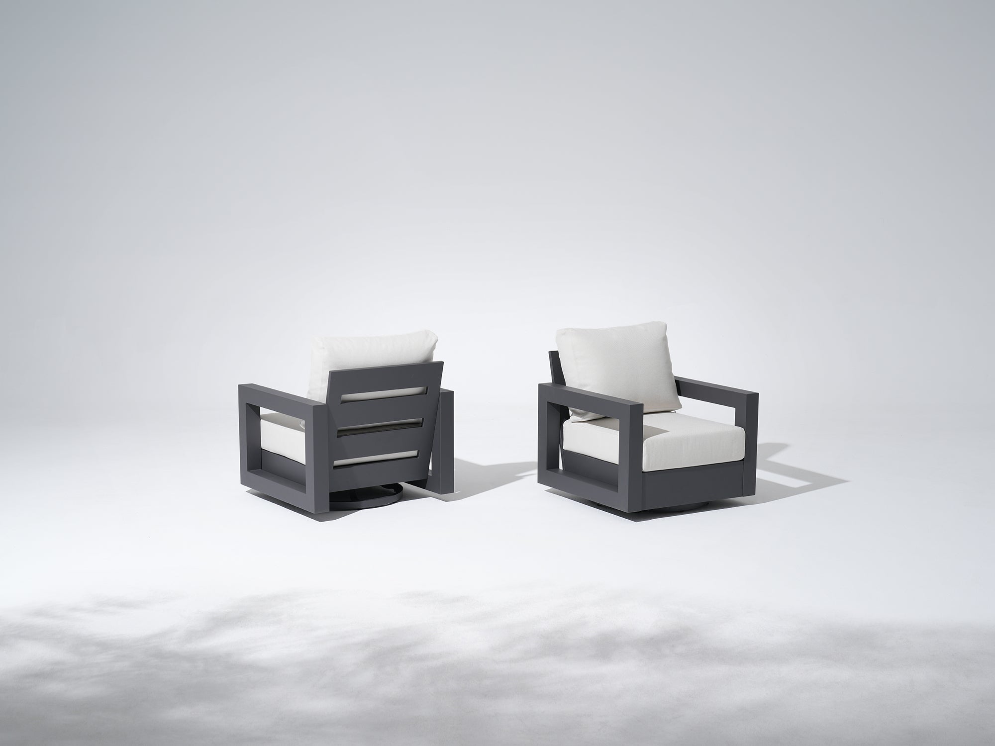 Vela Aluminum Black Outdoor Sofa Set, Swivel Lounge Chair, Olefin White Cushions, Mixed Tables