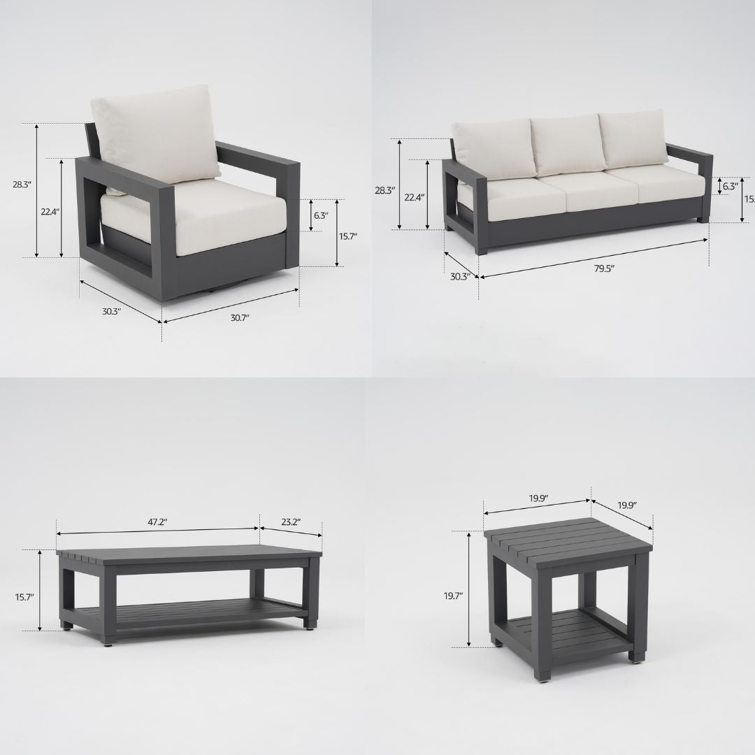 Vela Aluminum Black Outdoor Sofa Set, Swivel Lounge Chair, Olefin White Cushions, Mixed Tables