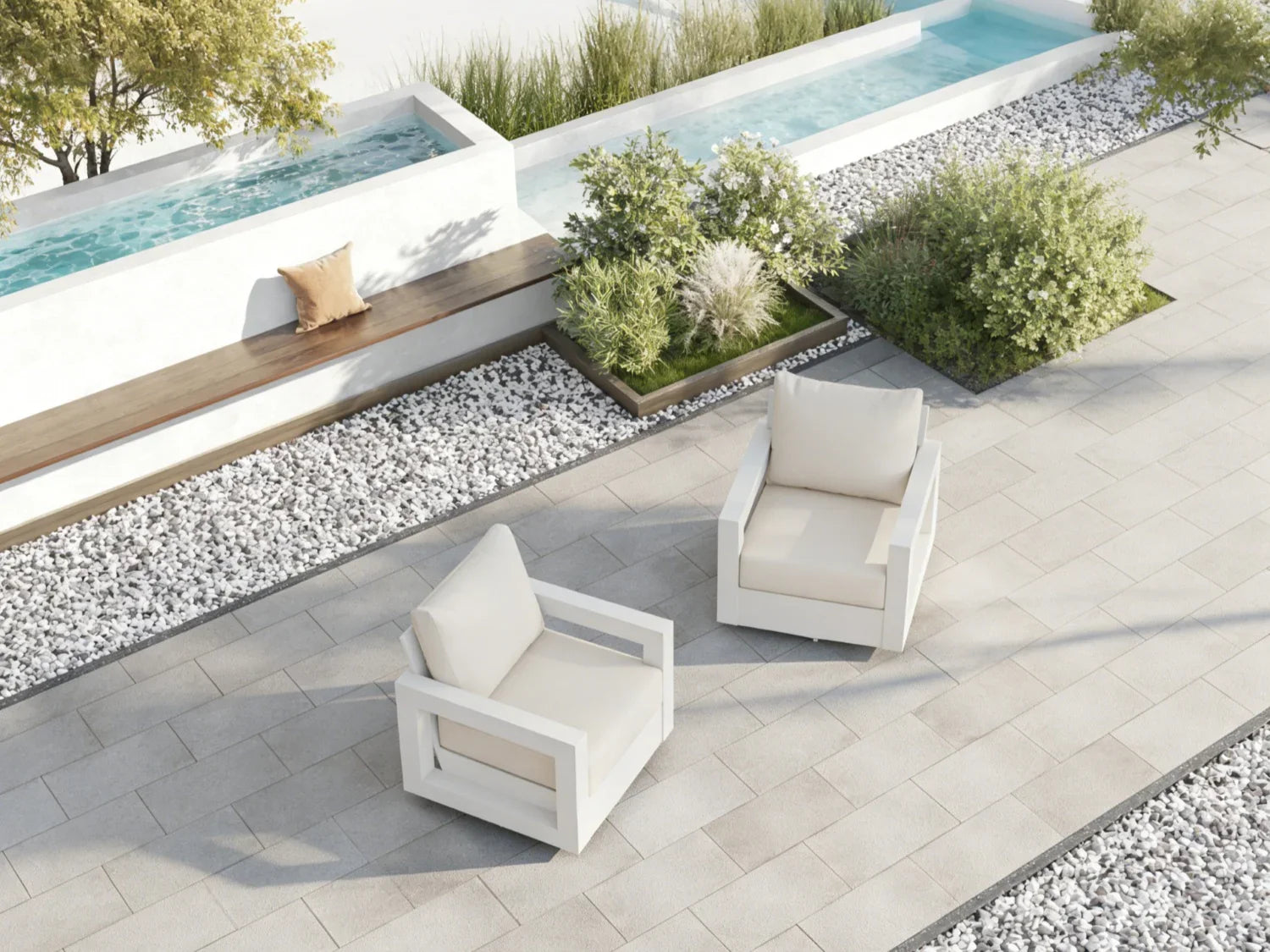 white Aluminum Outdoor Swivel Lounge Chair, Olefin Linen Cushions, Set of 2